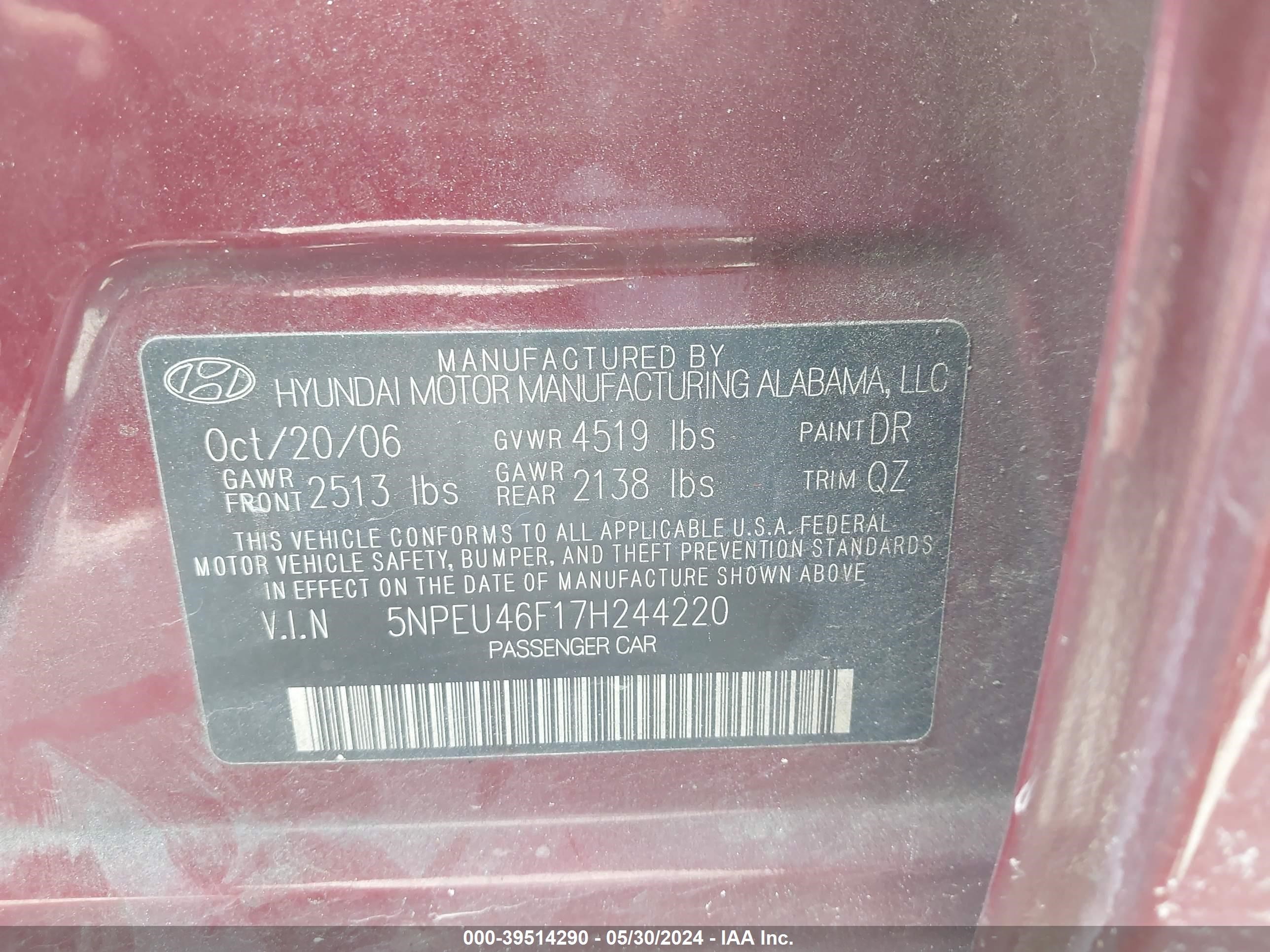 Photo 8 VIN: 5NPEU46F17H244220 - HYUNDAI SONATA 