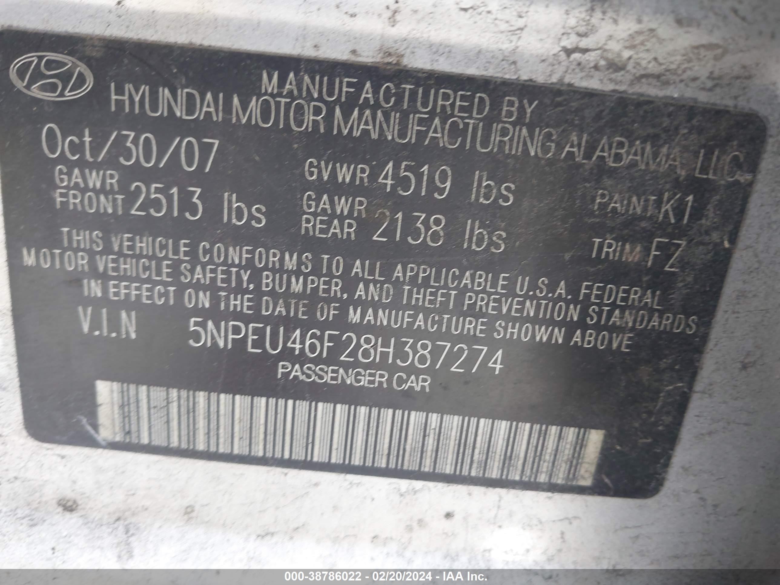 Photo 8 VIN: 5NPEU46F28H387274 - HYUNDAI SONATA 