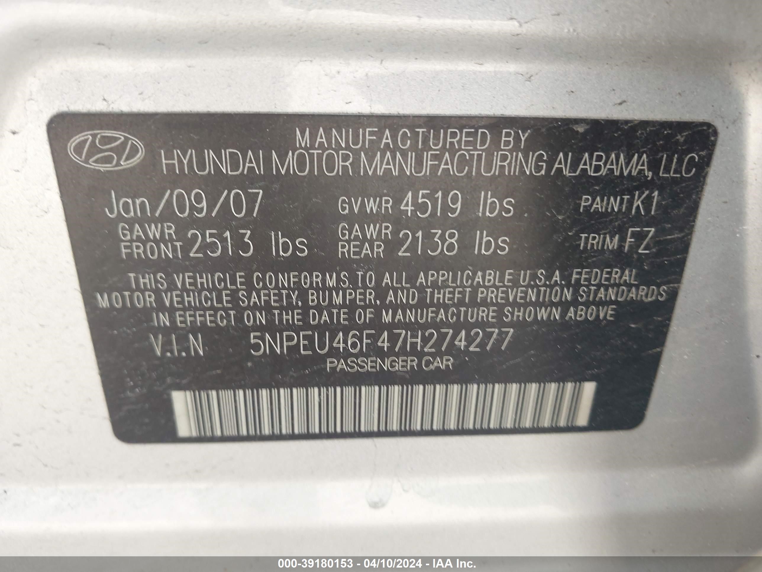 Photo 8 VIN: 5NPEU46F47H274277 - HYUNDAI SONATA 