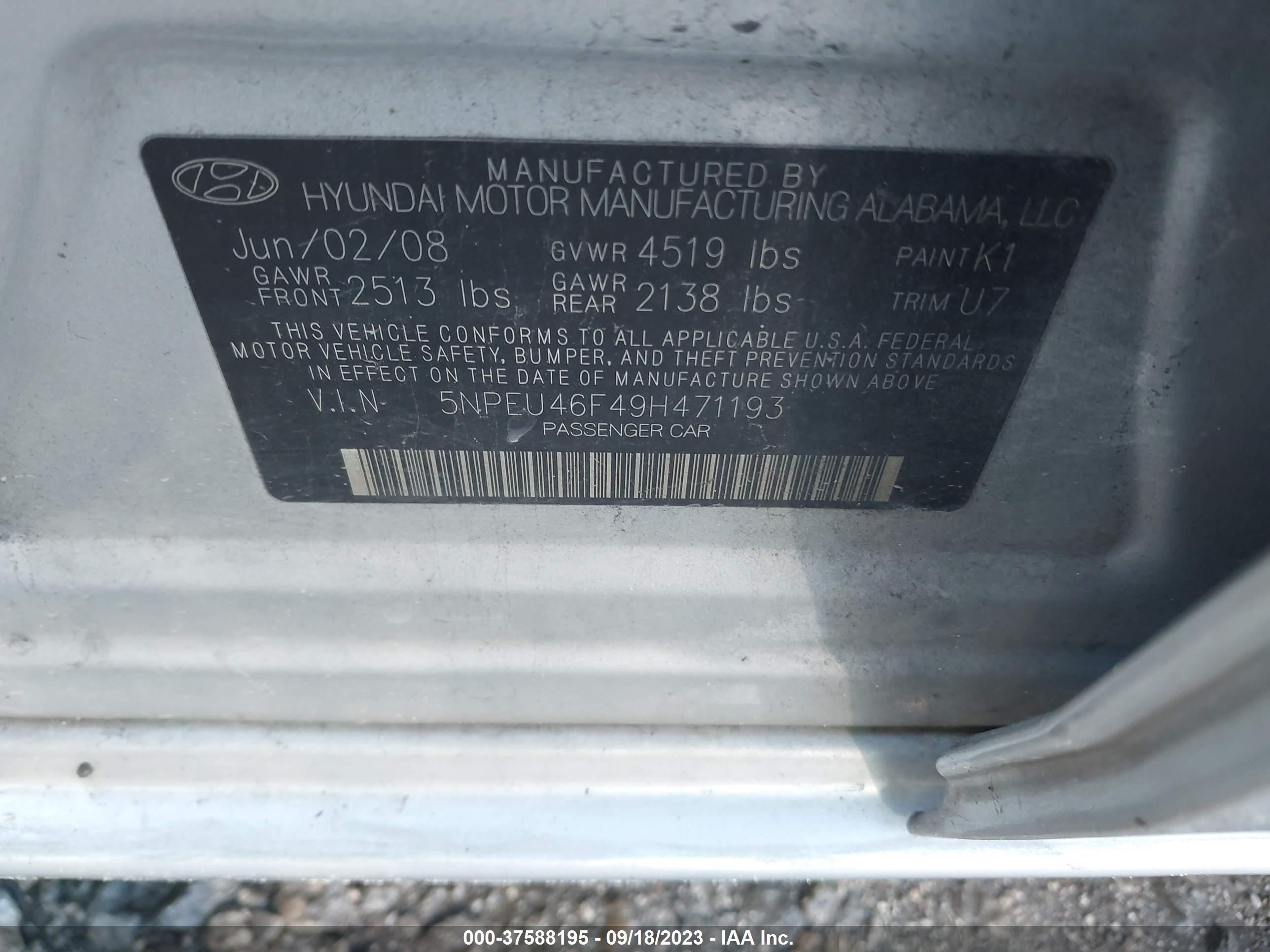 Photo 8 VIN: 5NPEU46F49H471193 - HYUNDAI SONATA 