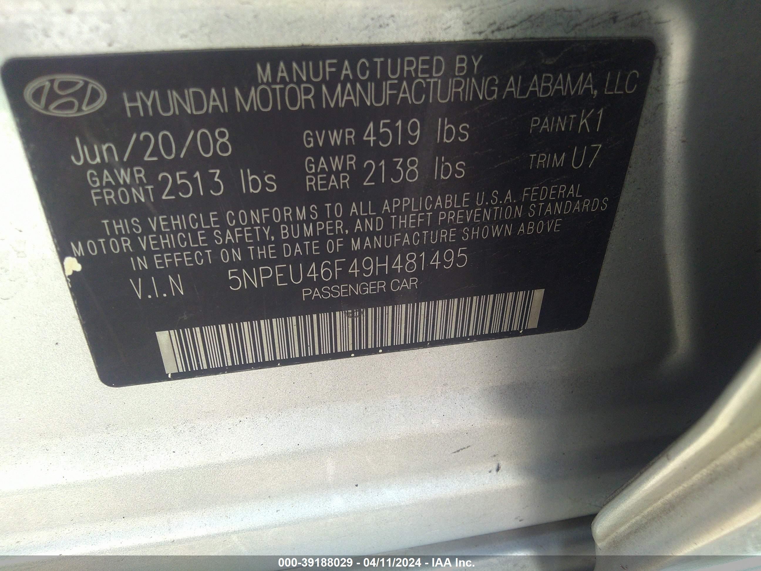 Photo 8 VIN: 5NPEU46F49H481495 - HYUNDAI SONATA 