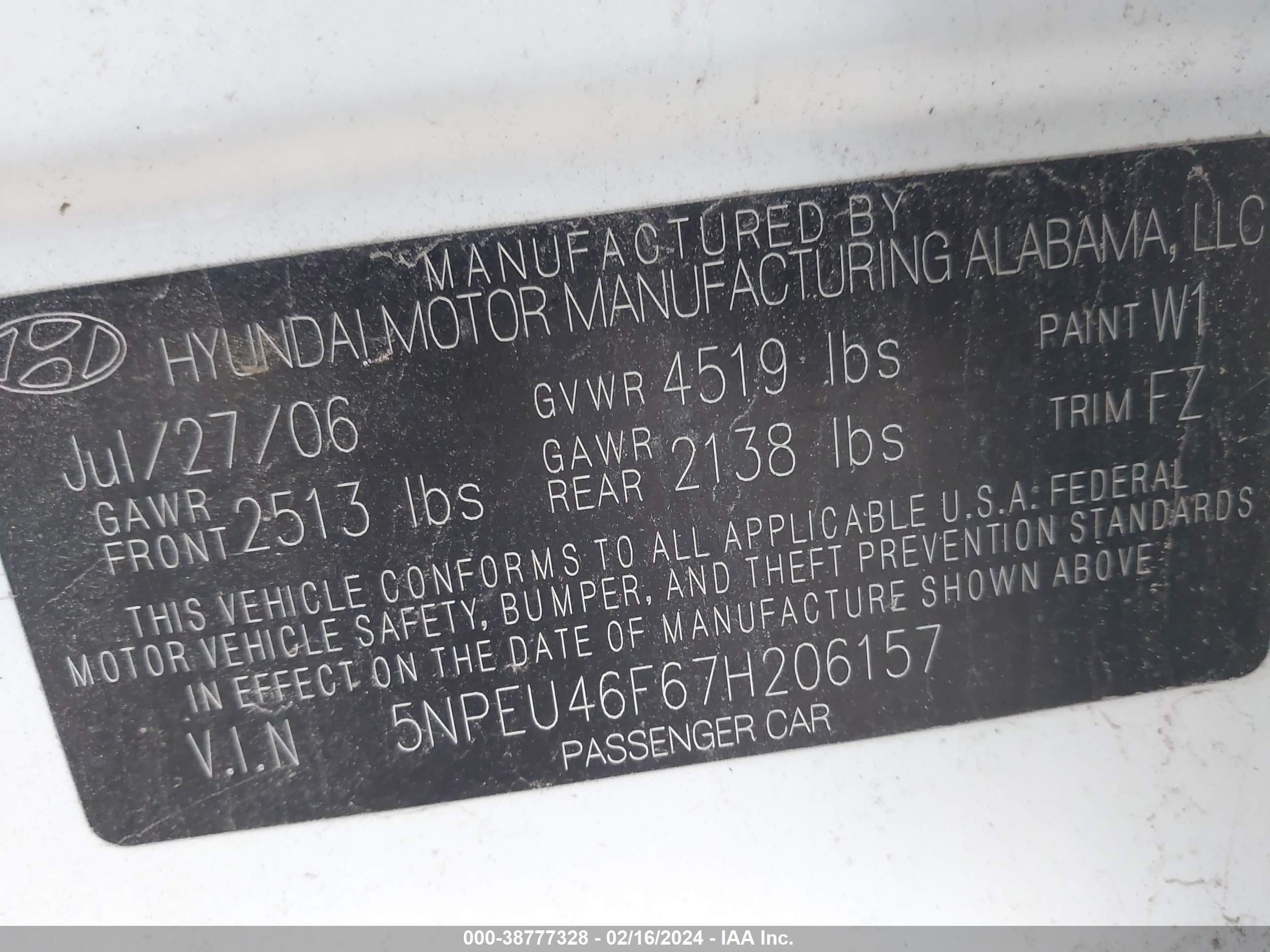 Photo 8 VIN: 5NPEU46F67H206157 - HYUNDAI SONATA 