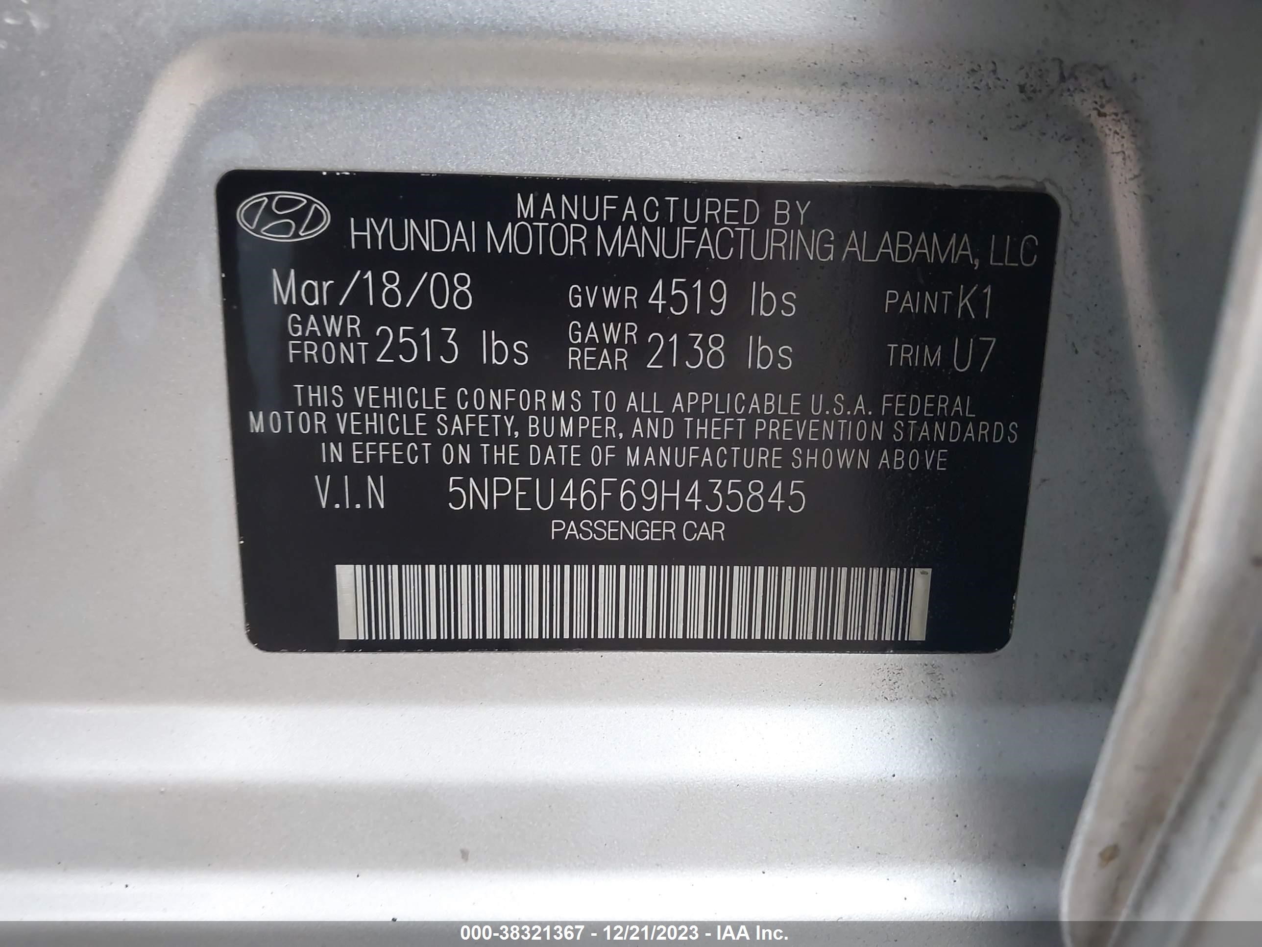 Photo 8 VIN: 5NPEU46F69H435845 - HYUNDAI SONATA 