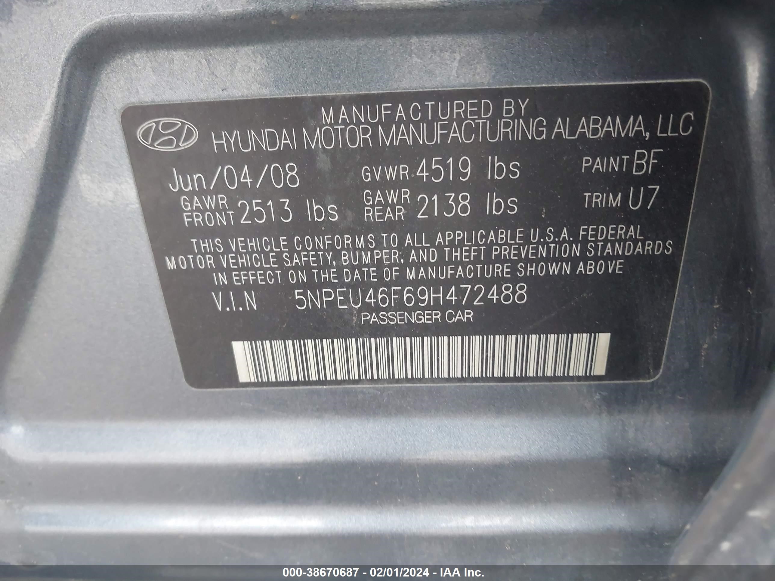 Photo 8 VIN: 5NPEU46F69H472488 - HYUNDAI SONATA 