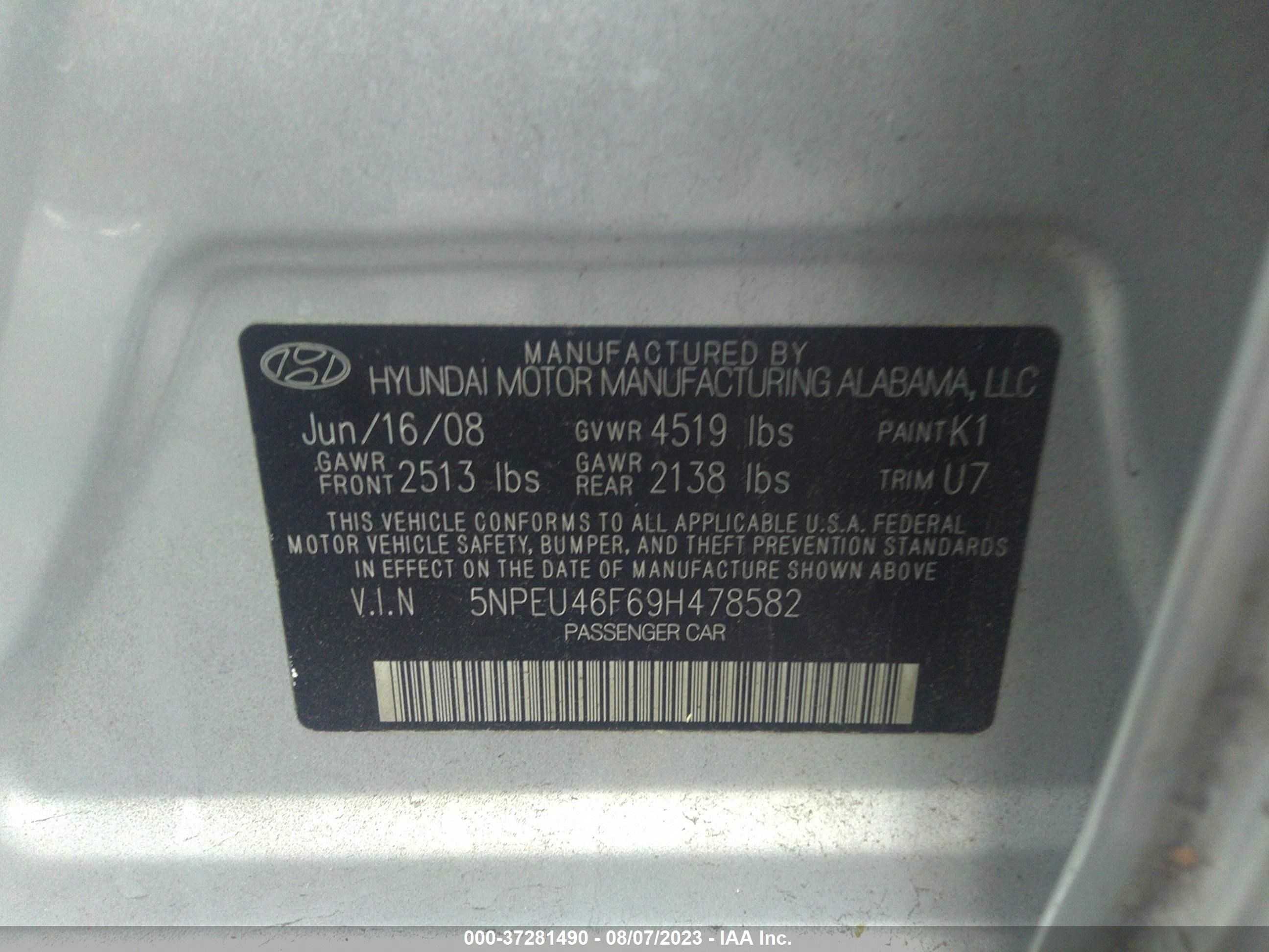 Photo 8 VIN: 5NPEU46F69H478582 - HYUNDAI SONATA 