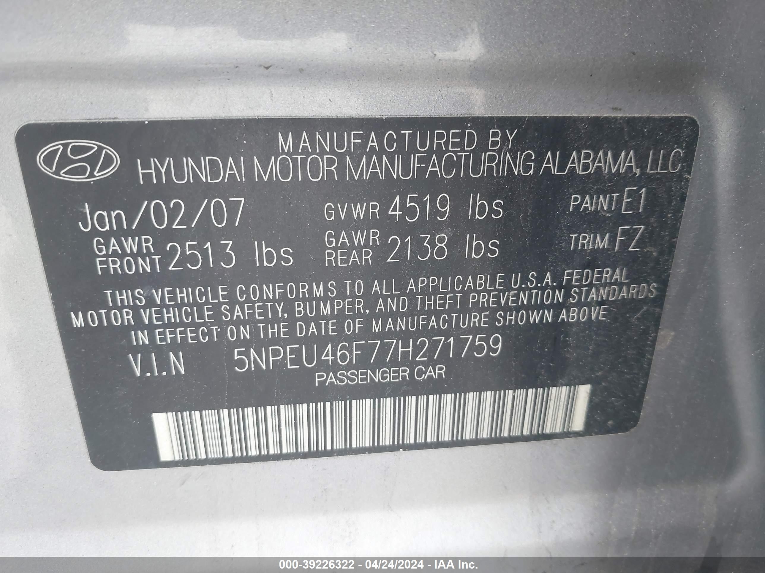 Photo 8 VIN: 5NPEU46F77H271759 - HYUNDAI SONATA 