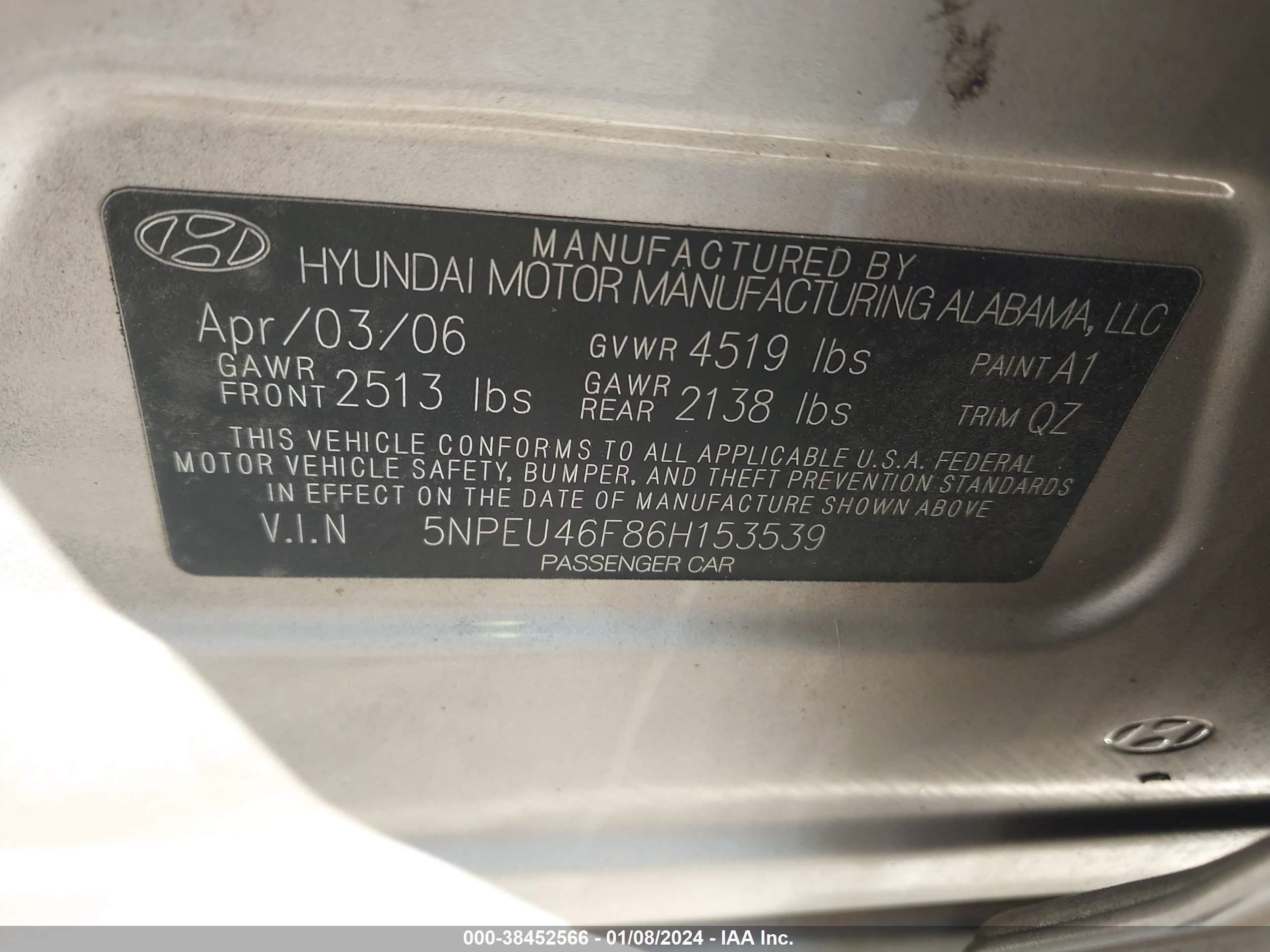 Photo 8 VIN: 5NPEU46F86H153539 - HYUNDAI SONATA 