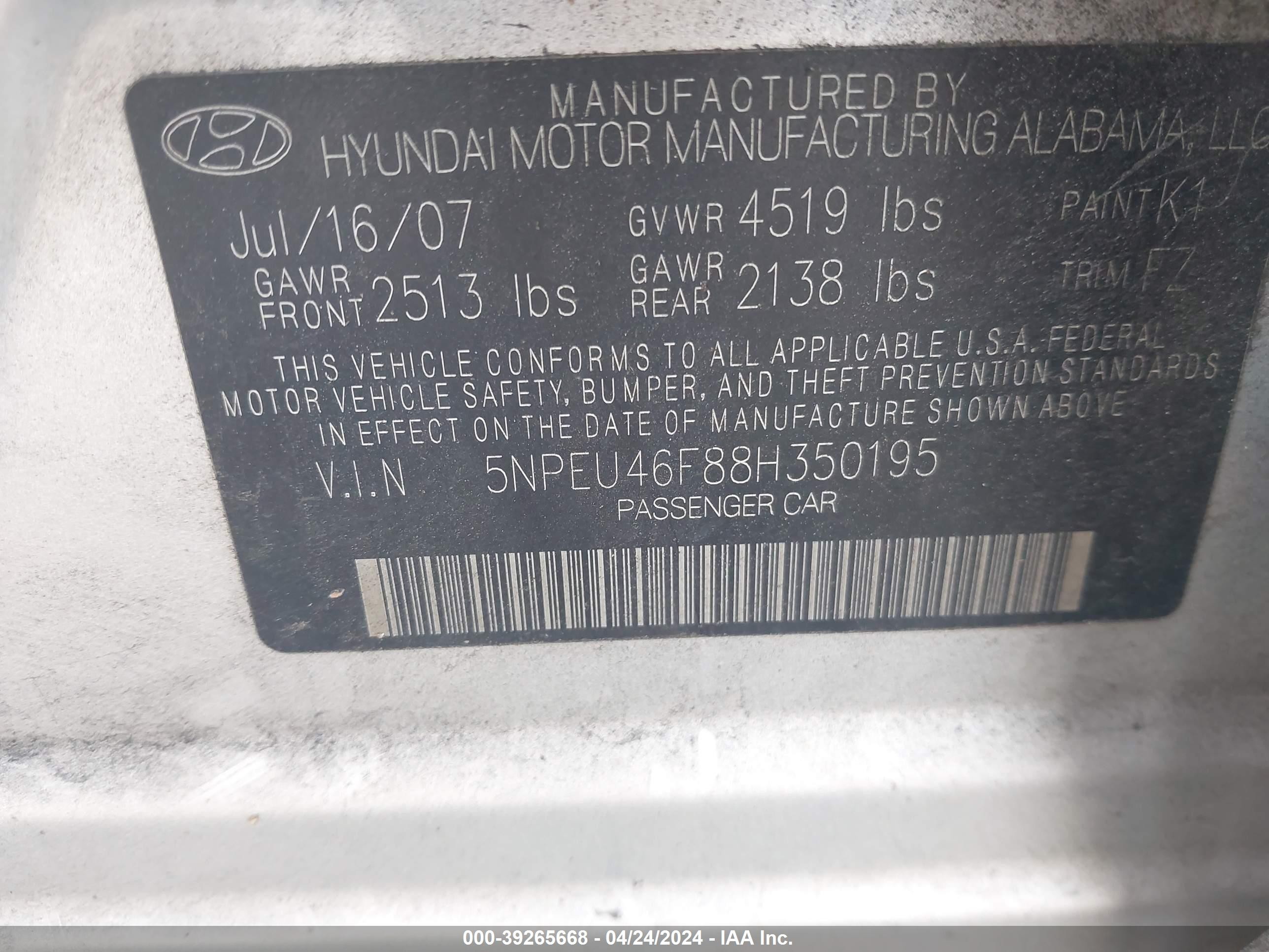 Photo 8 VIN: 5NPEU46F88H350195 - HYUNDAI SONATA 