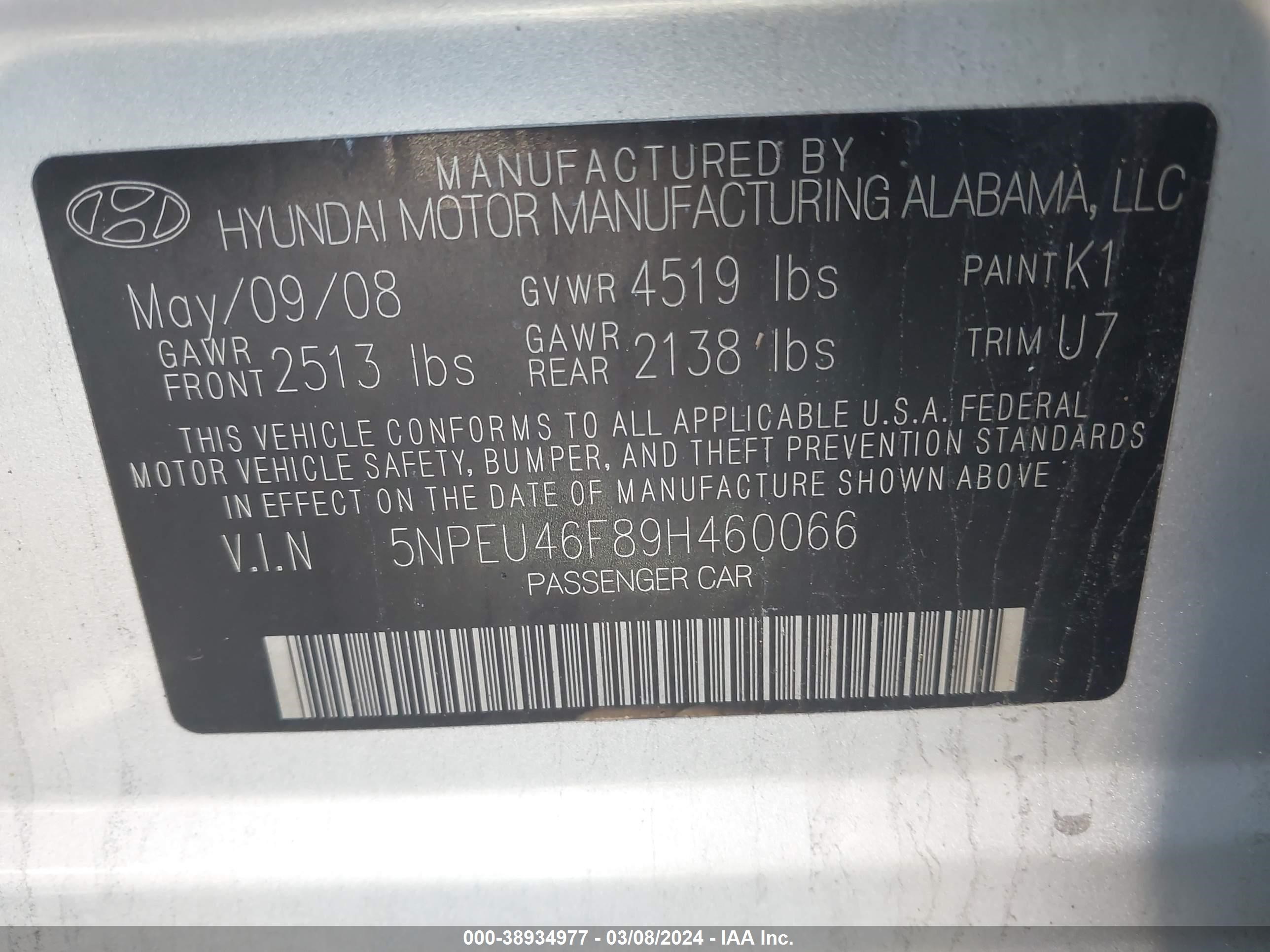 Photo 8 VIN: 5NPEU46F89H460066 - HYUNDAI SONATA 