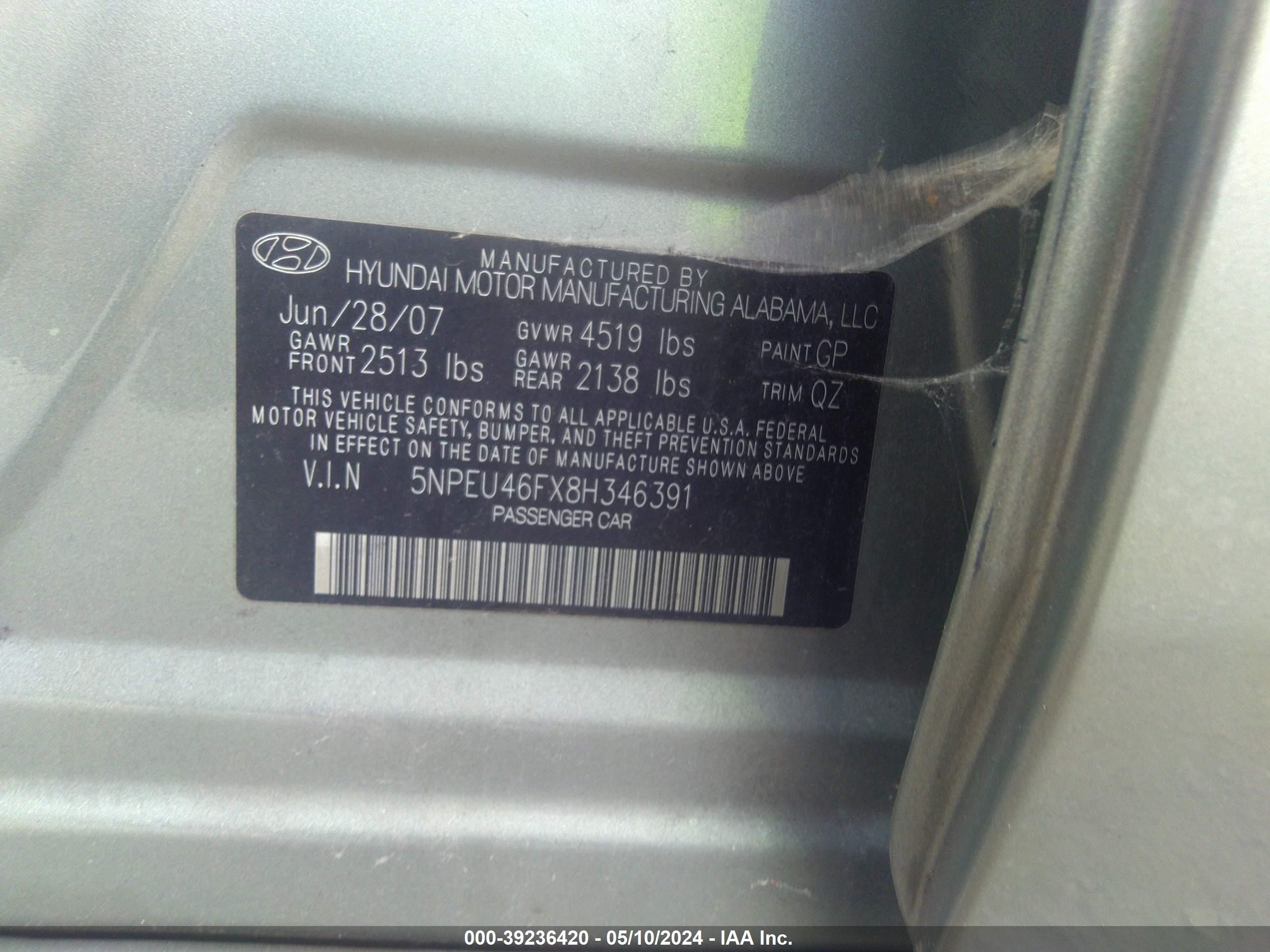 Photo 8 VIN: 5NPEU46FX8H346391 - HYUNDAI SONATA 