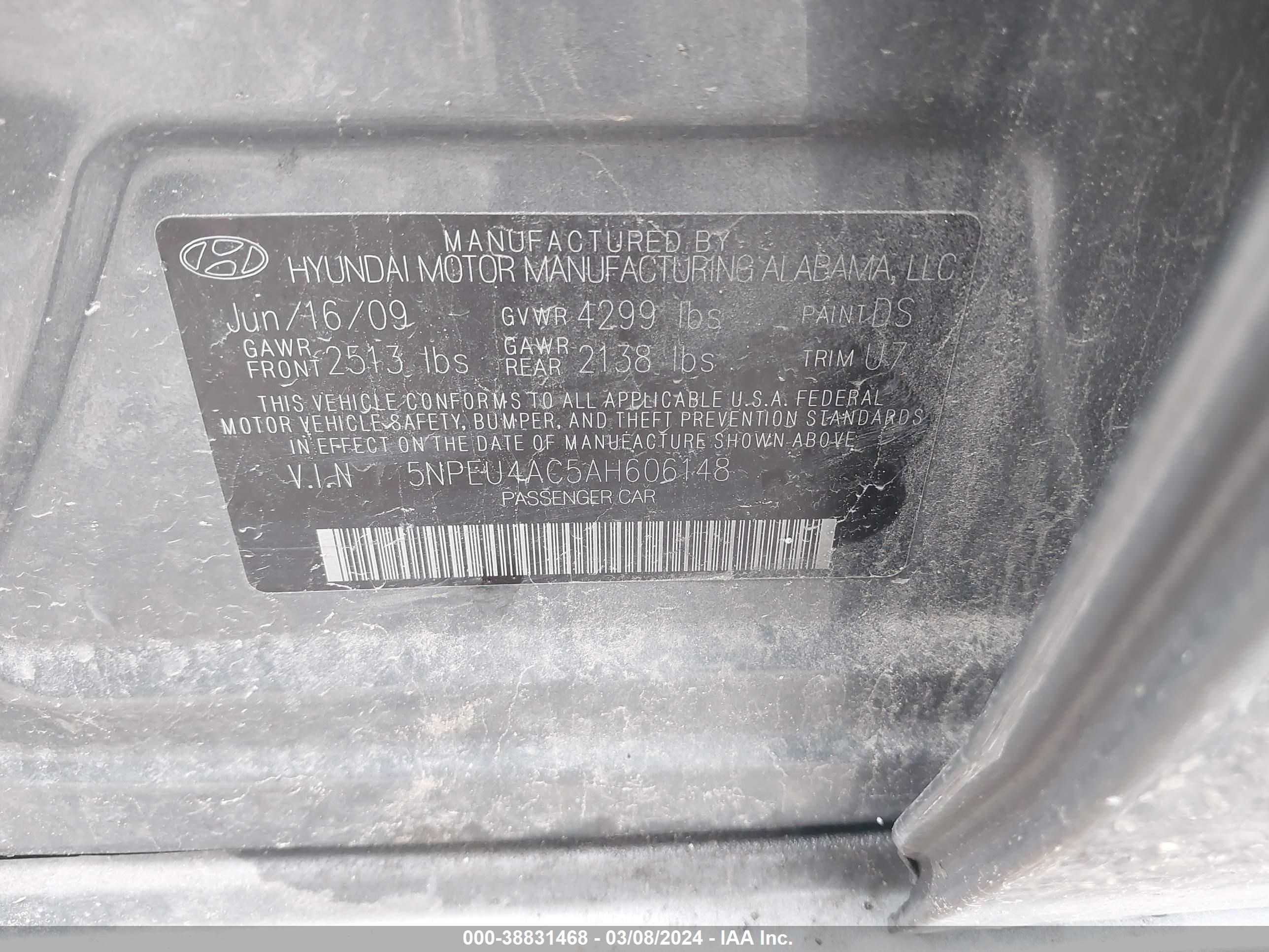 Photo 8 VIN: 5NPEU4AC5AH606148 - HYUNDAI SONATA 