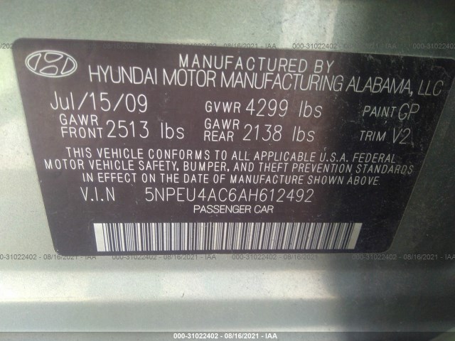 Photo 8 VIN: 5NPEU4AC6AH612492 - HYUNDAI SONATA 