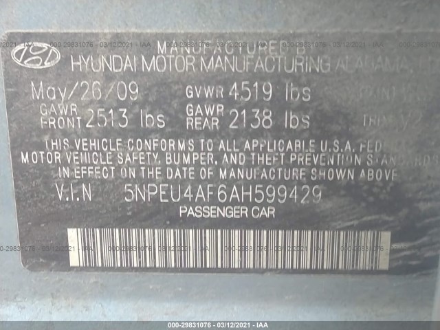 Photo 8 VIN: 5NPEU4AF6AH599429 - HYUNDAI SONATA 