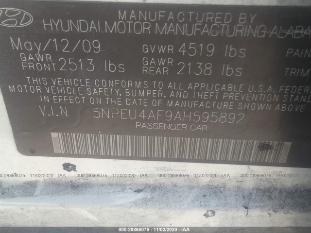 Photo 8 VIN: 5NPEU4AF9AH595892 - HYUNDAI SONATA 