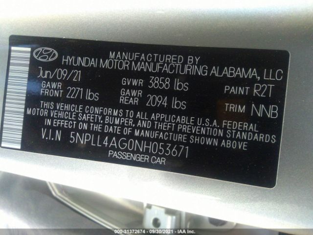 Photo 8 VIN: 5NPLL4AG0NH053671 - HYUNDAI ELANTRA 