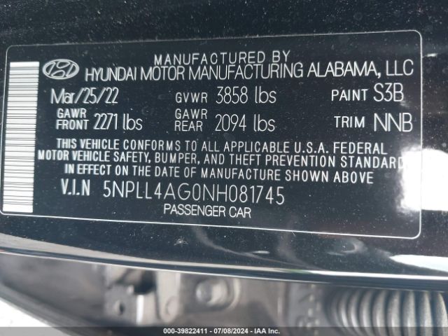 Photo 8 VIN: 5NPLL4AG0NH081745 - HYUNDAI ELANTRA 