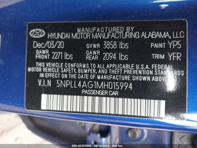 Photo 8 VIN: 5NPLL4AG1MH015994 - HYUNDAI ELANTRA 