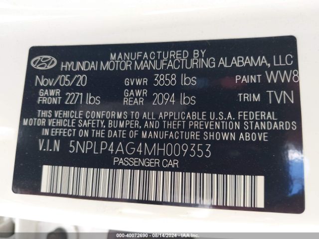 Photo 8 VIN: 5NPLP4AG4MH009353 - HYUNDAI ELANTRA 