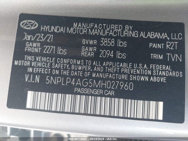 Photo 8 VIN: 5NPLP4AG5MH027960 - HYUNDAI ELANTRA 