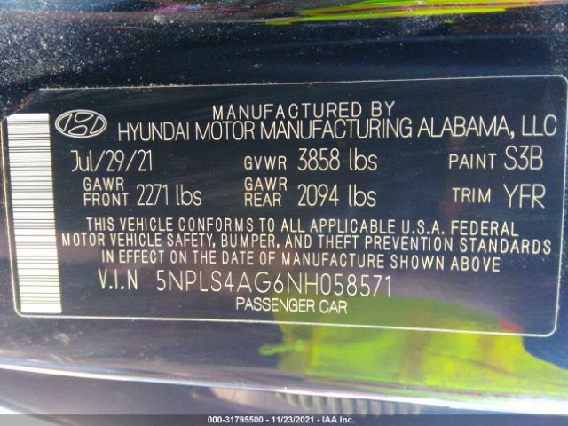 Photo 8 VIN: 5NPLS4AG6NH058571 - HYUNDAI ELANTRA 