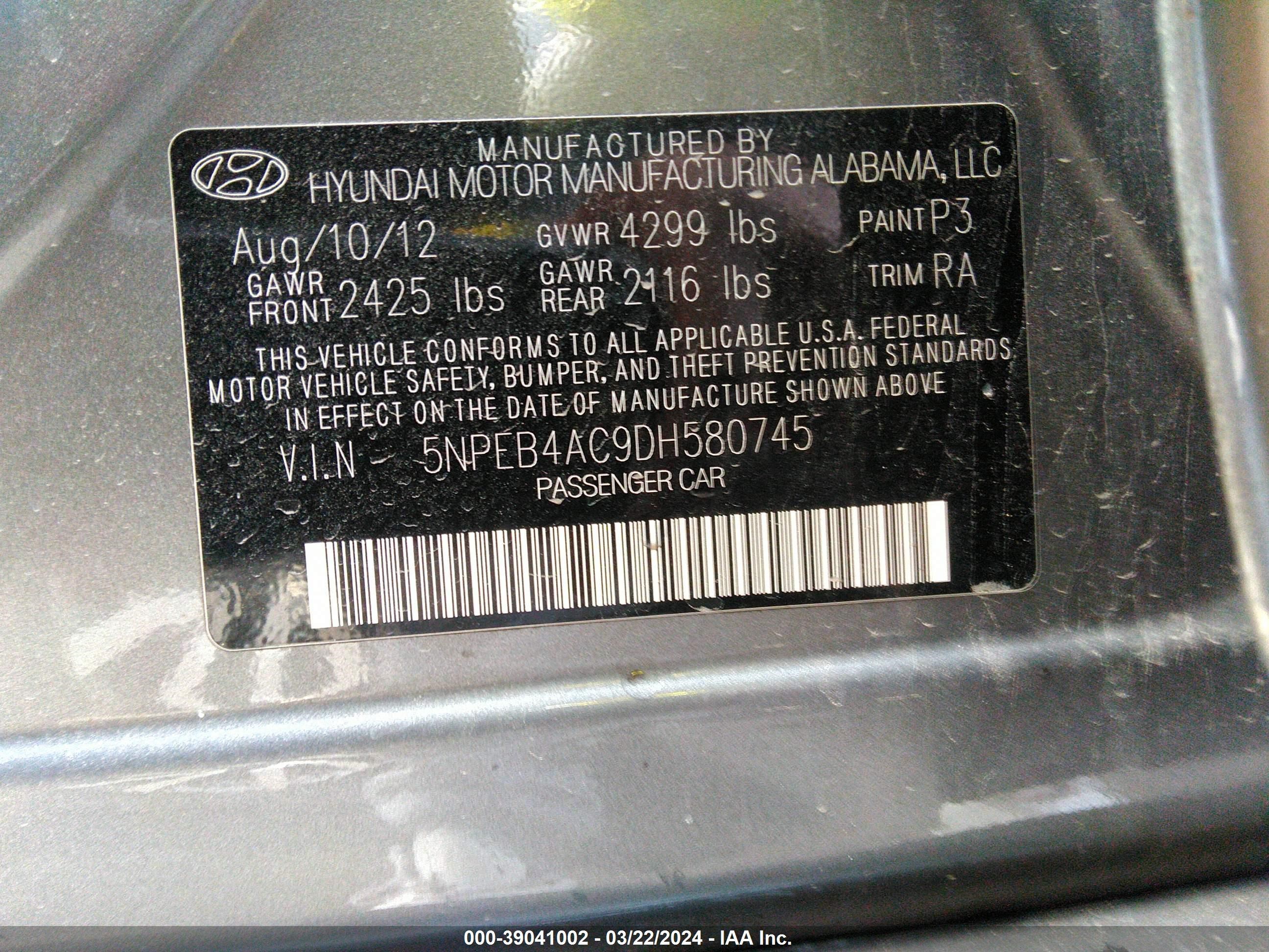 Photo 8 VIN: 5NPRN4AC9DH580745 - HYUNDAI SONATA 