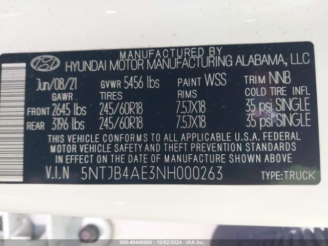 Photo 8 VIN: 5NTJB4AE3NH000263 - HYUNDAI SANTA CRUZ 