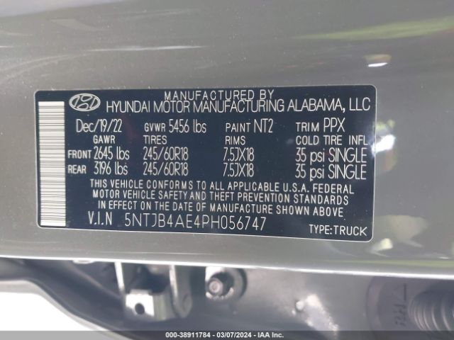 Photo 8 VIN: 5NTJB4AE4PH056747 - HYUNDAI SANTA CRUZ 