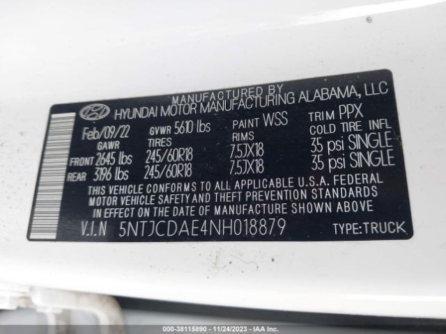 Photo 8 VIN: 5NTJCDAE4NH018879 - HYUNDAI SANTA CRUZ 