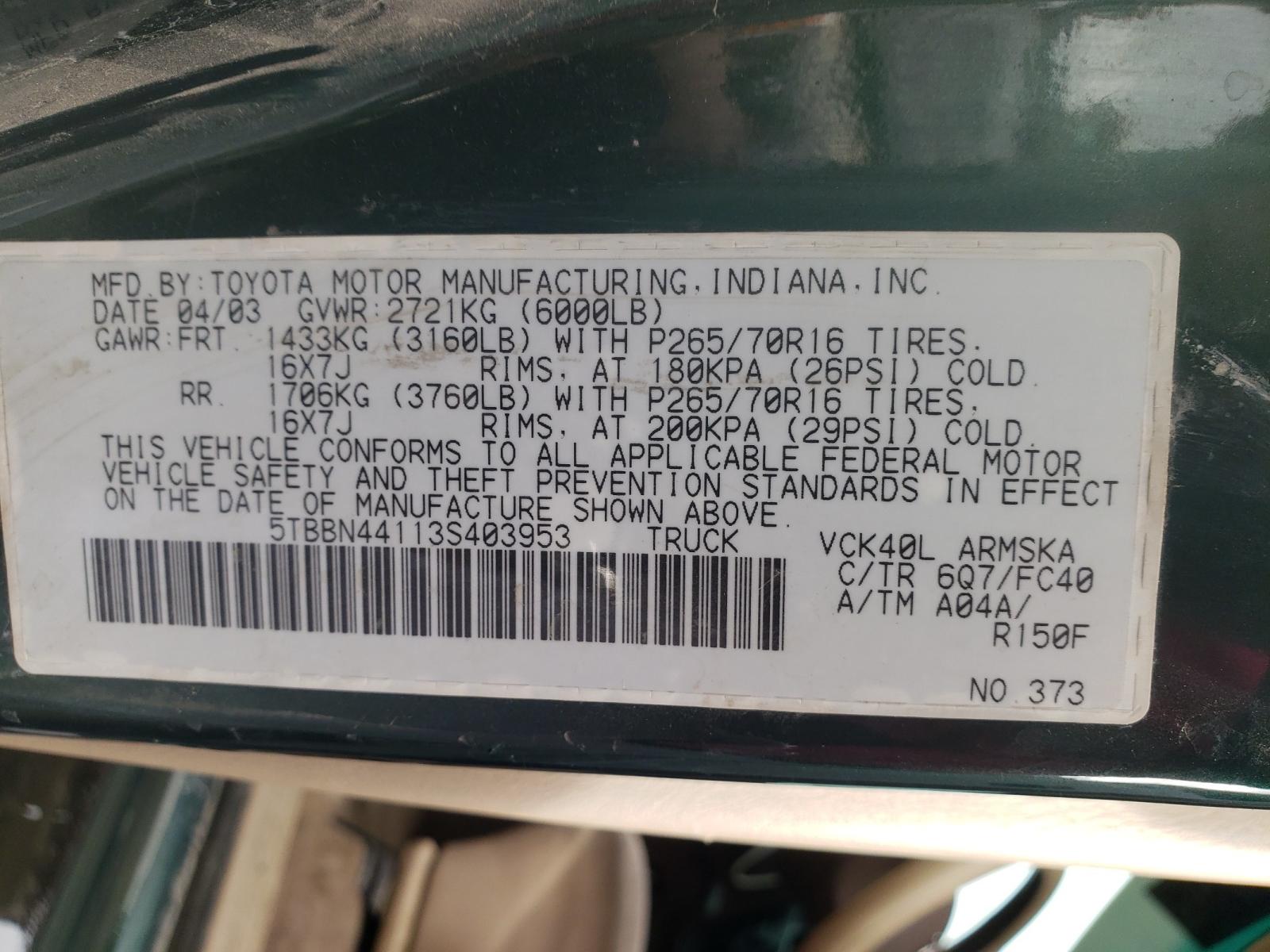 Photo 9 VIN: 5TBBN44113S403953 - TOYOTA TUNDRA ACC 