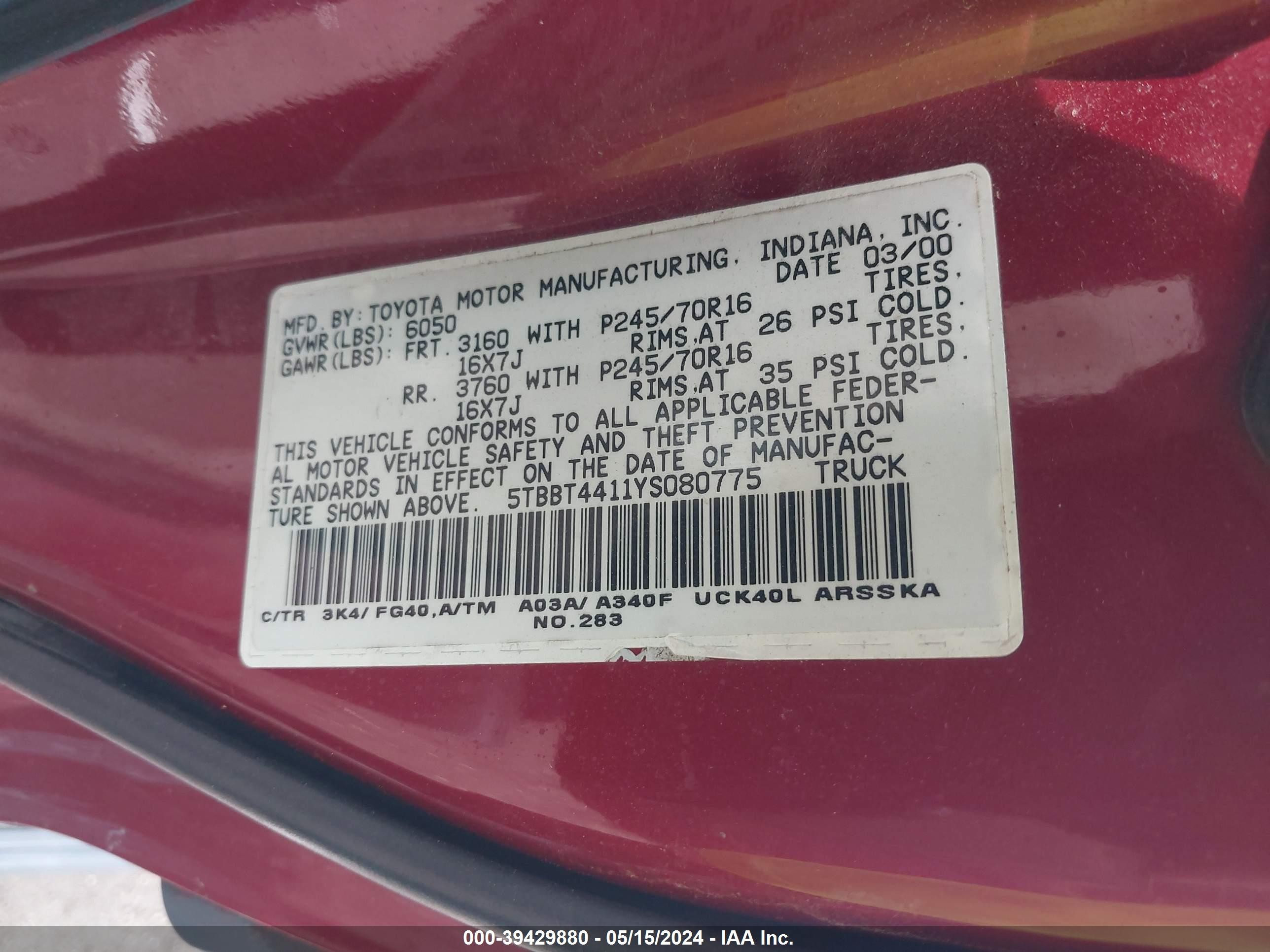 Photo 8 VIN: 5TBBT4411YS080775 - TOYOTA TUNDRA 