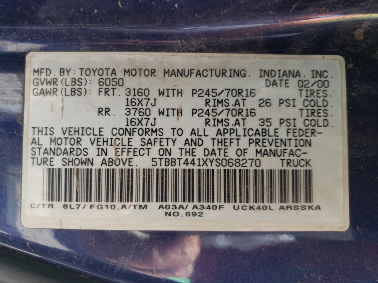 Photo 11 VIN: 5TBBT441XYS068270 - TOYOTA TUNDRA 