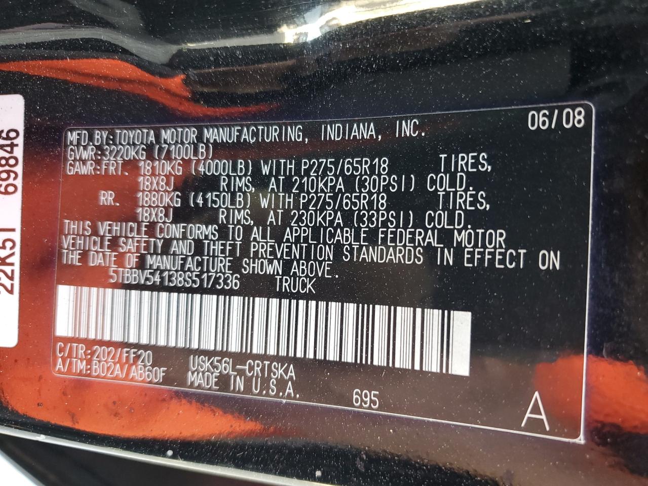 Photo 11 VIN: 5TBBV54138S517336 - TOYOTA TUNDRA 