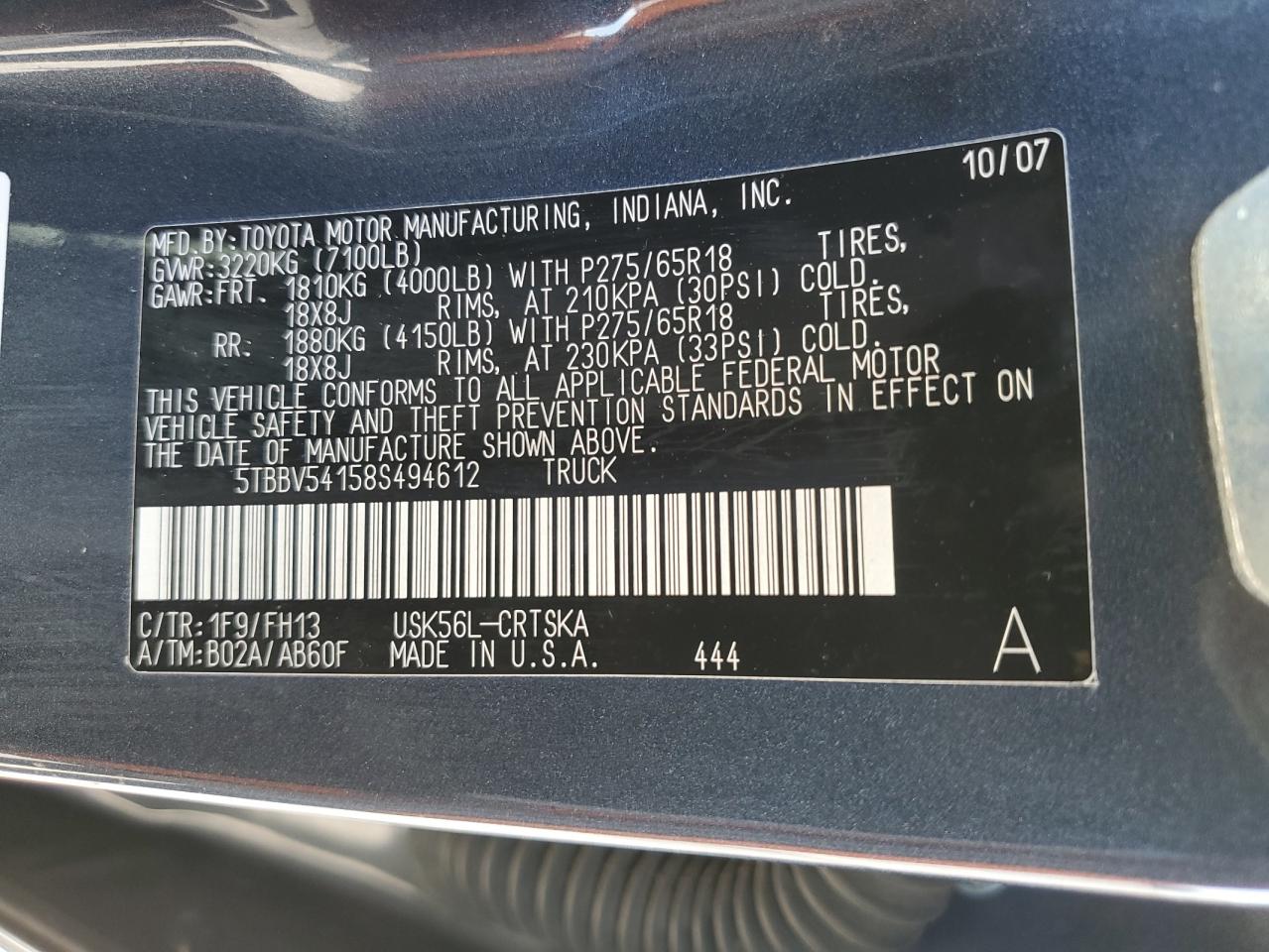 Photo 12 VIN: 5TBBV54158S494612 - TOYOTA TUNDRA 