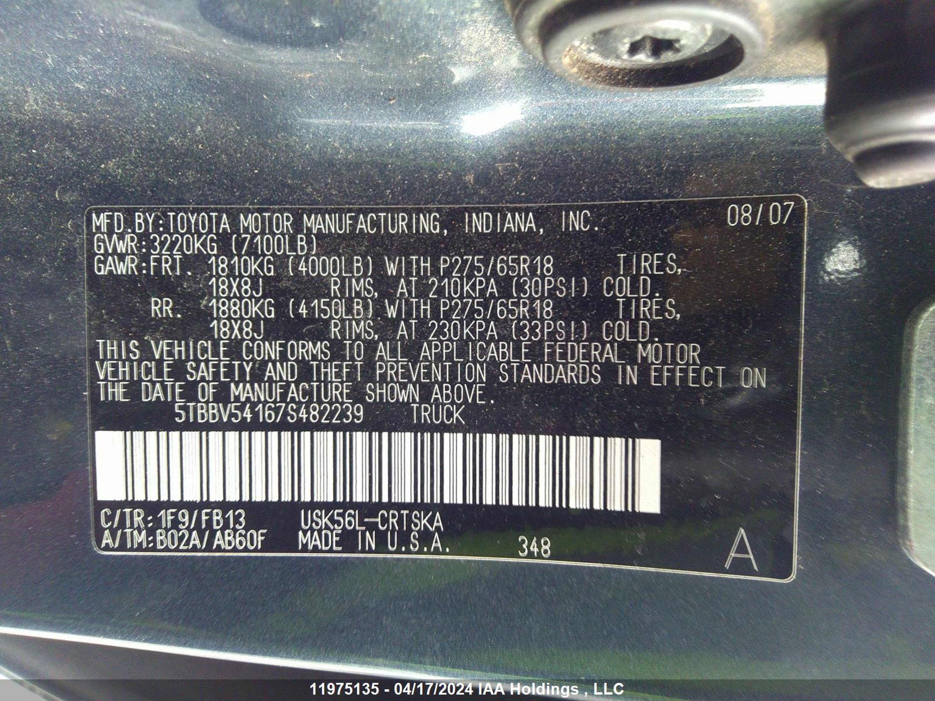 Photo 8 VIN: 5TBBV54167S482239 - TOYOTA TUNDRA 