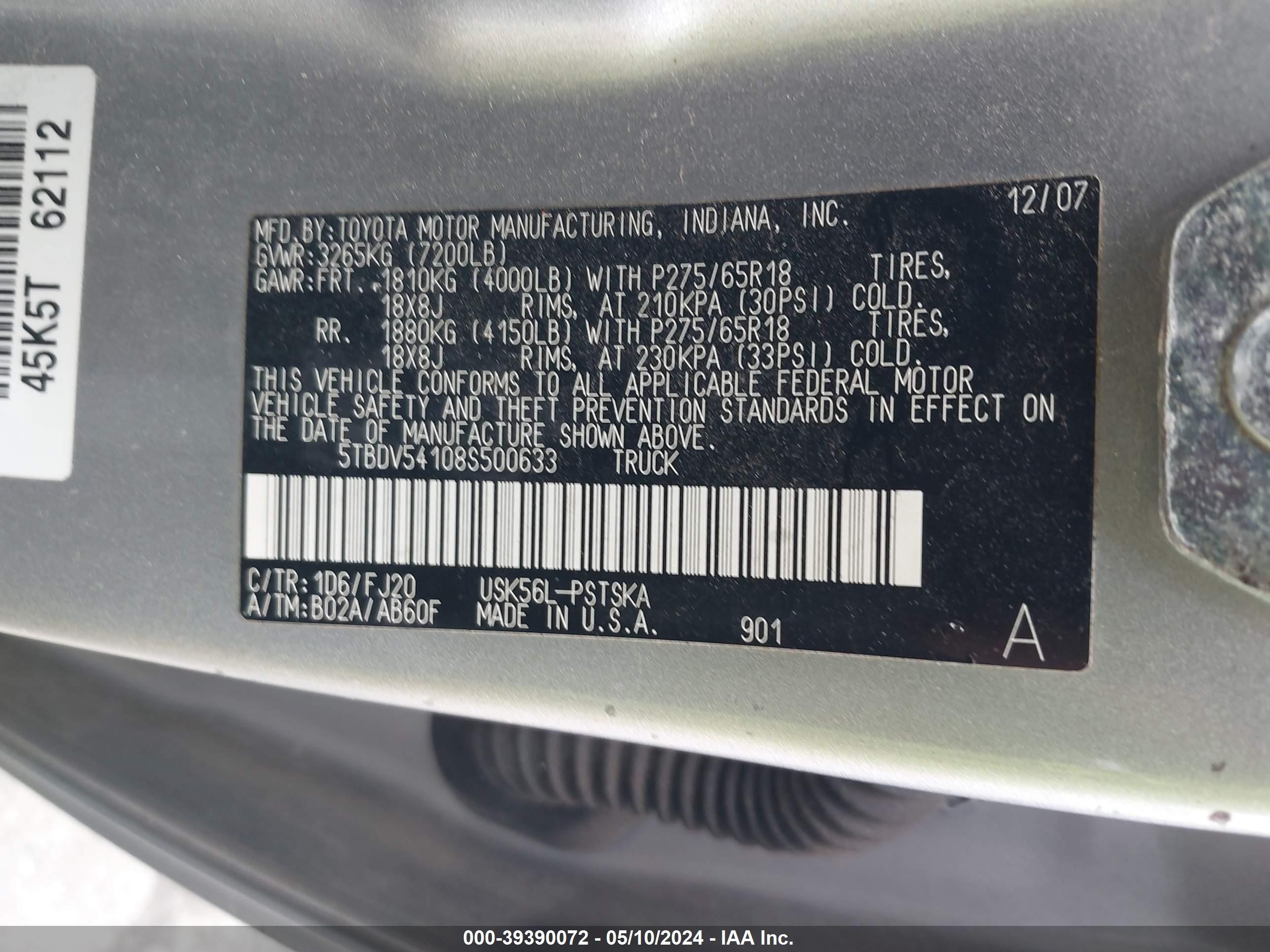 Photo 8 VIN: 5TBDV54108S500633 - TOYOTA TUNDRA 