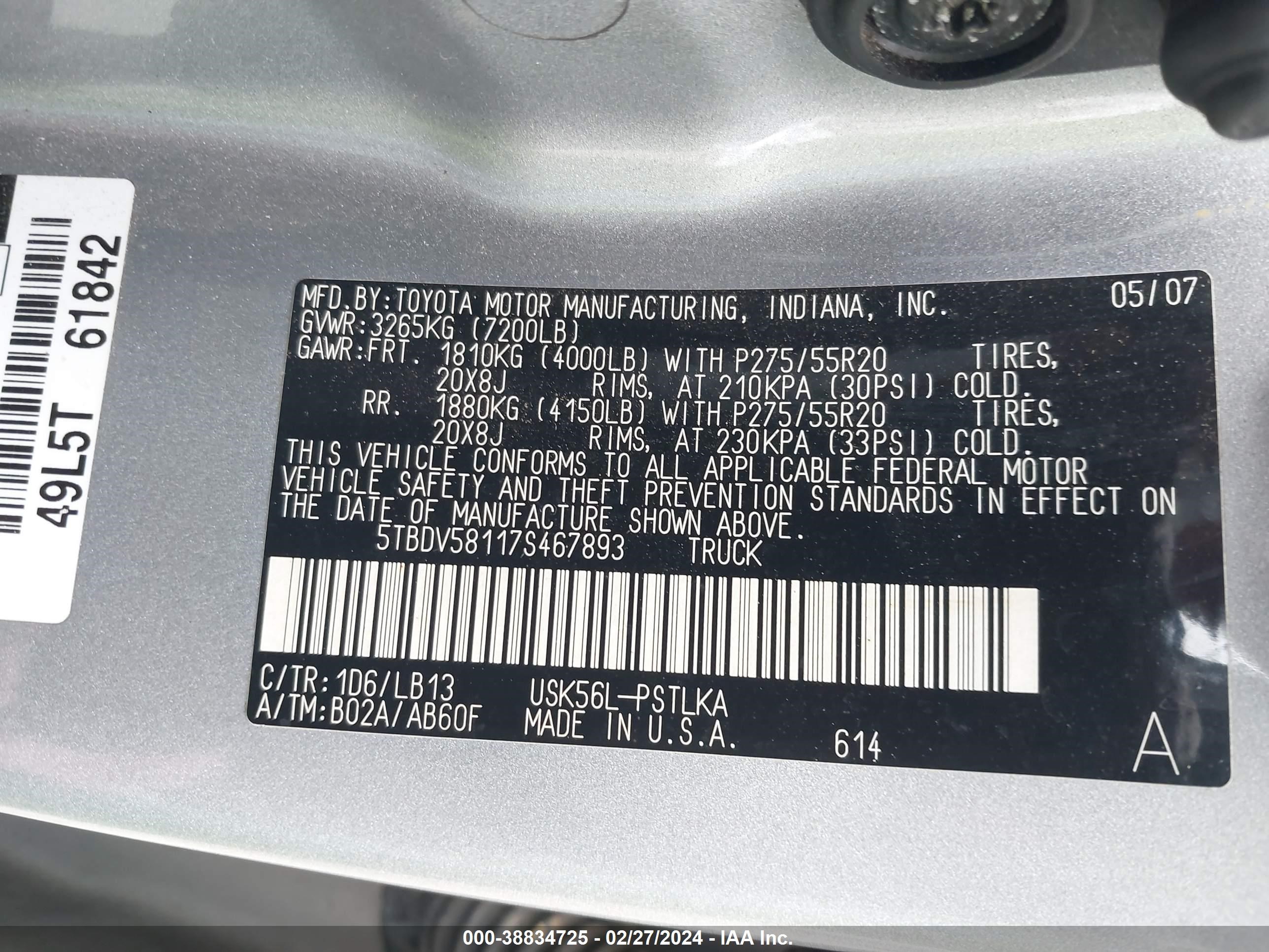 Photo 8 VIN: 5TBDV58117S467893 - TOYOTA TUNDRA 