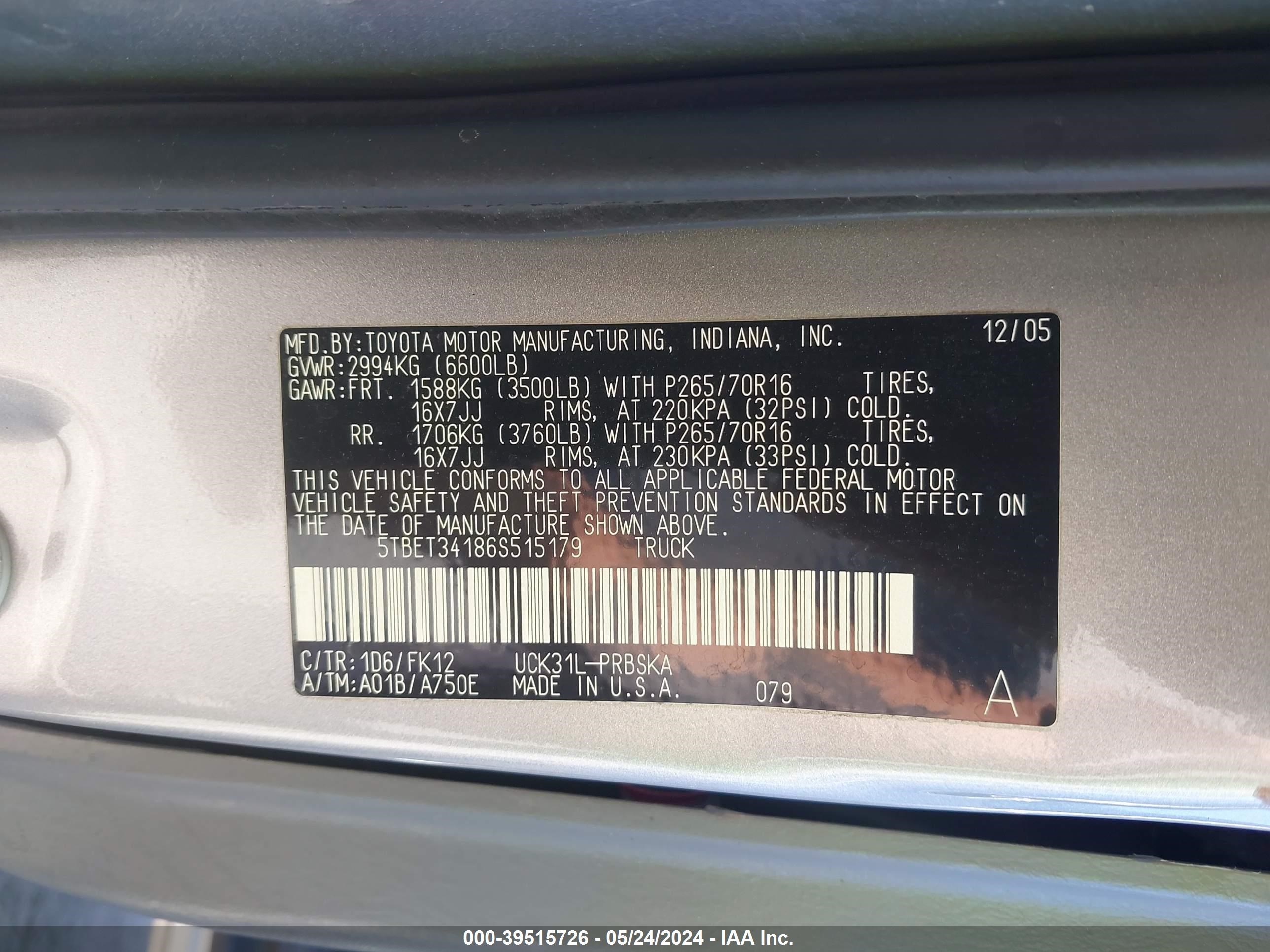 Photo 8 VIN: 5TBET34186S515179 - TOYOTA TUNDRA 