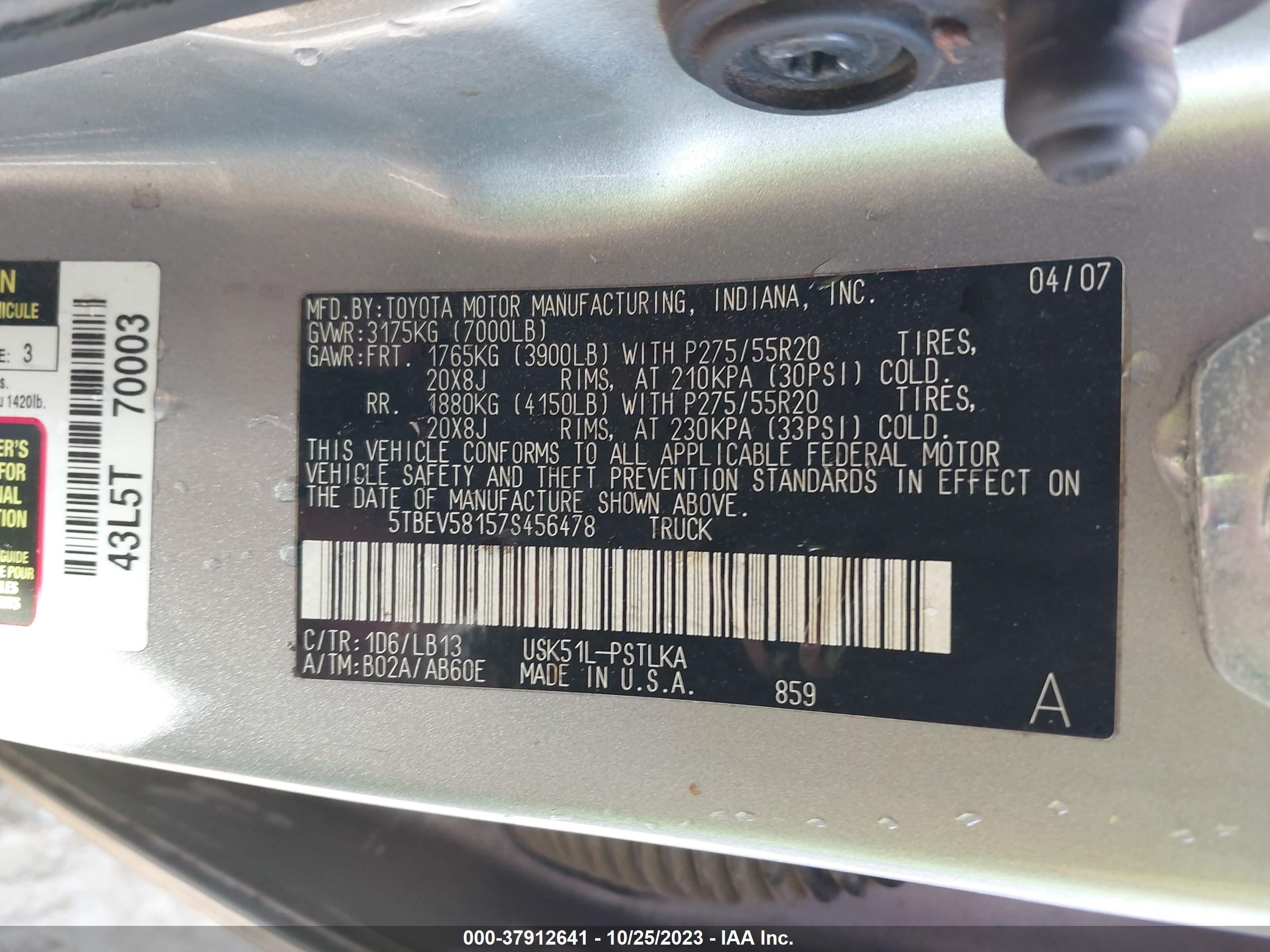 Photo 8 VIN: 5TBEV58157S456478 - TOYOTA TUNDRA 