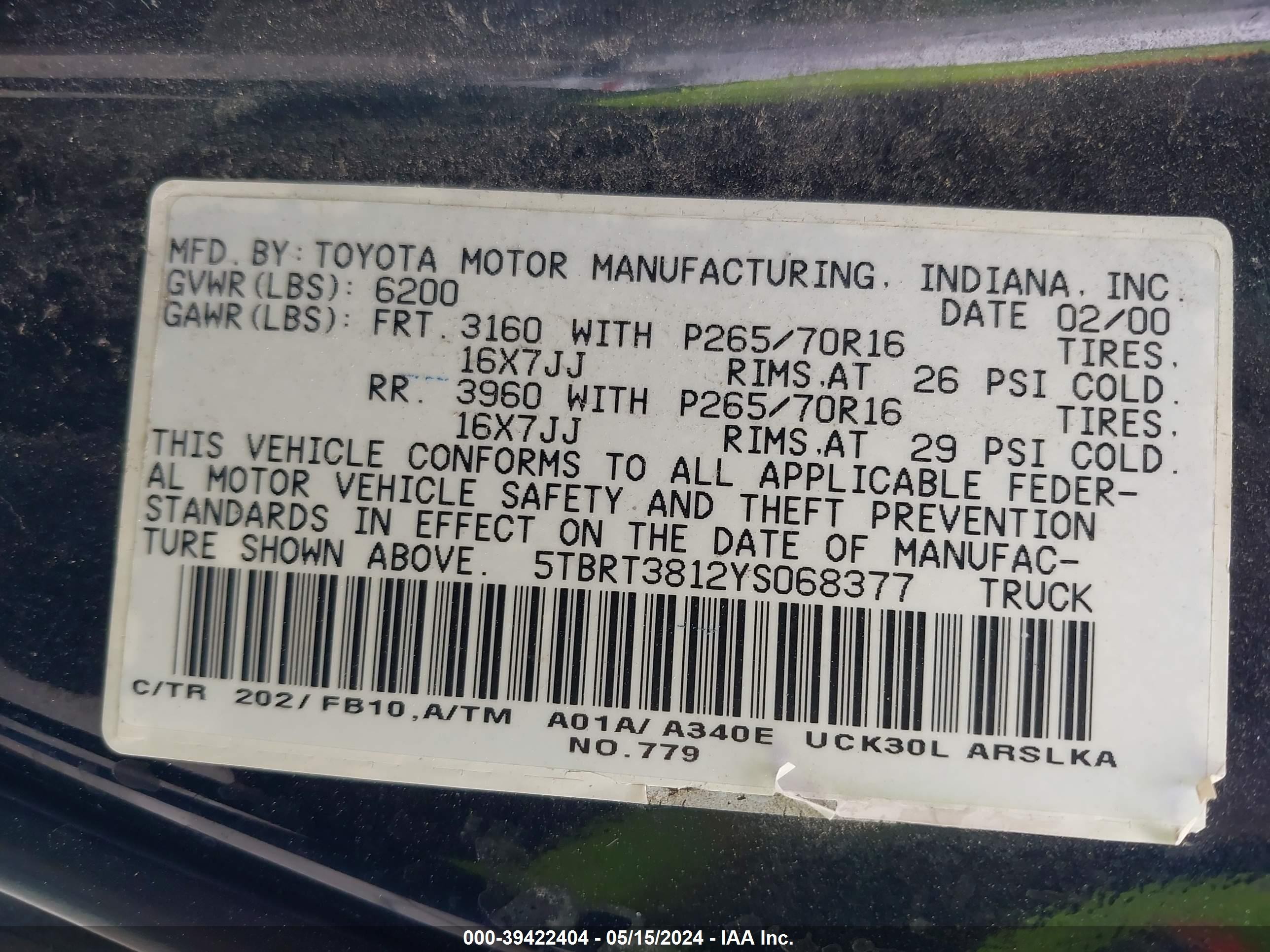 Photo 8 VIN: 5TBRT3812YS068377 - TOYOTA TUNDRA 