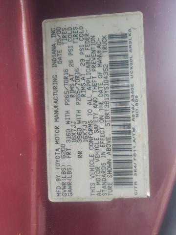 Photo 9 VIN: 5TBRT3813YS104352 - TOYOTA TUNDRA ACC 