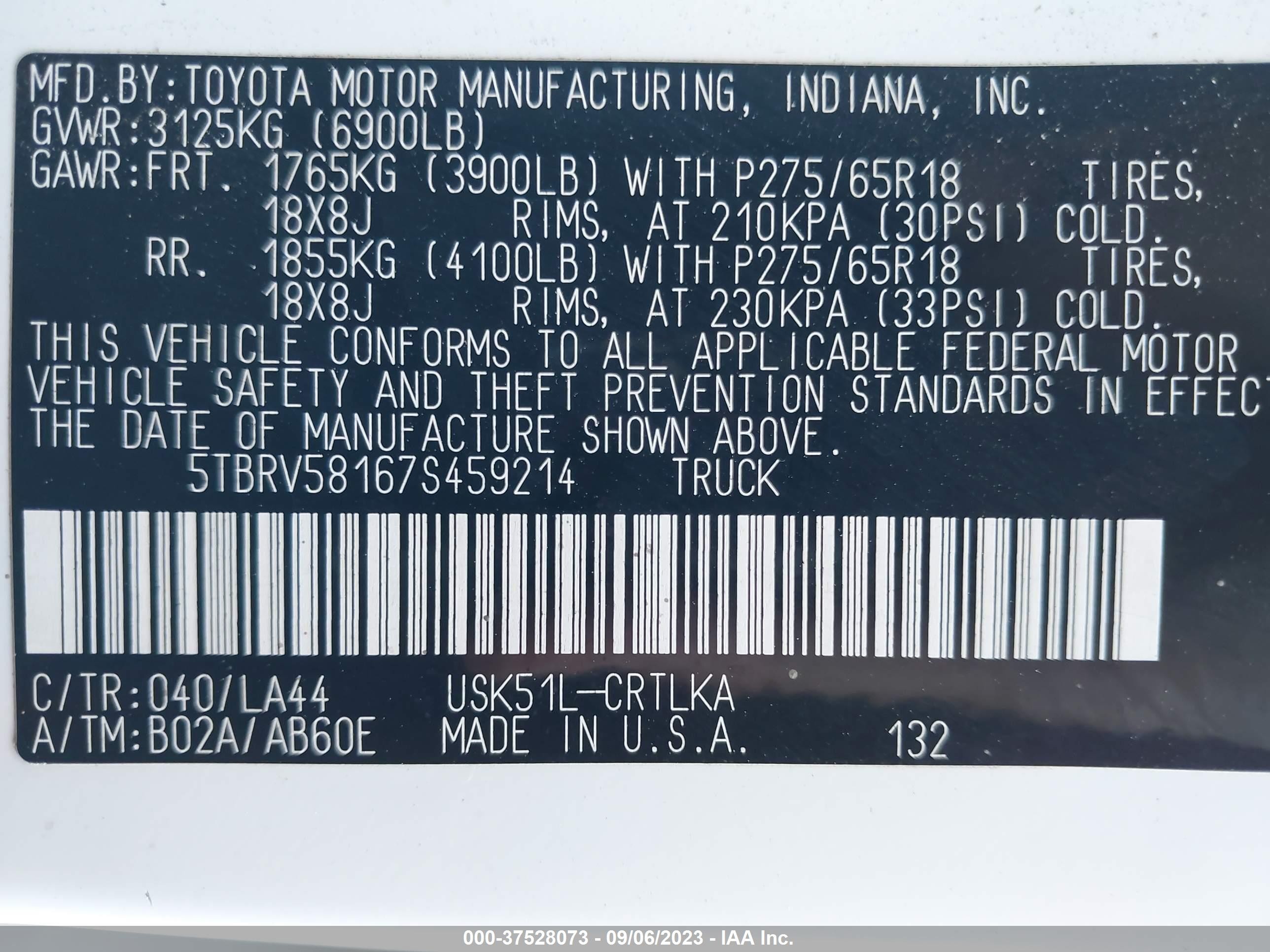 Photo 8 VIN: 5TBRV58167S459214 - TOYOTA TUNDRA 