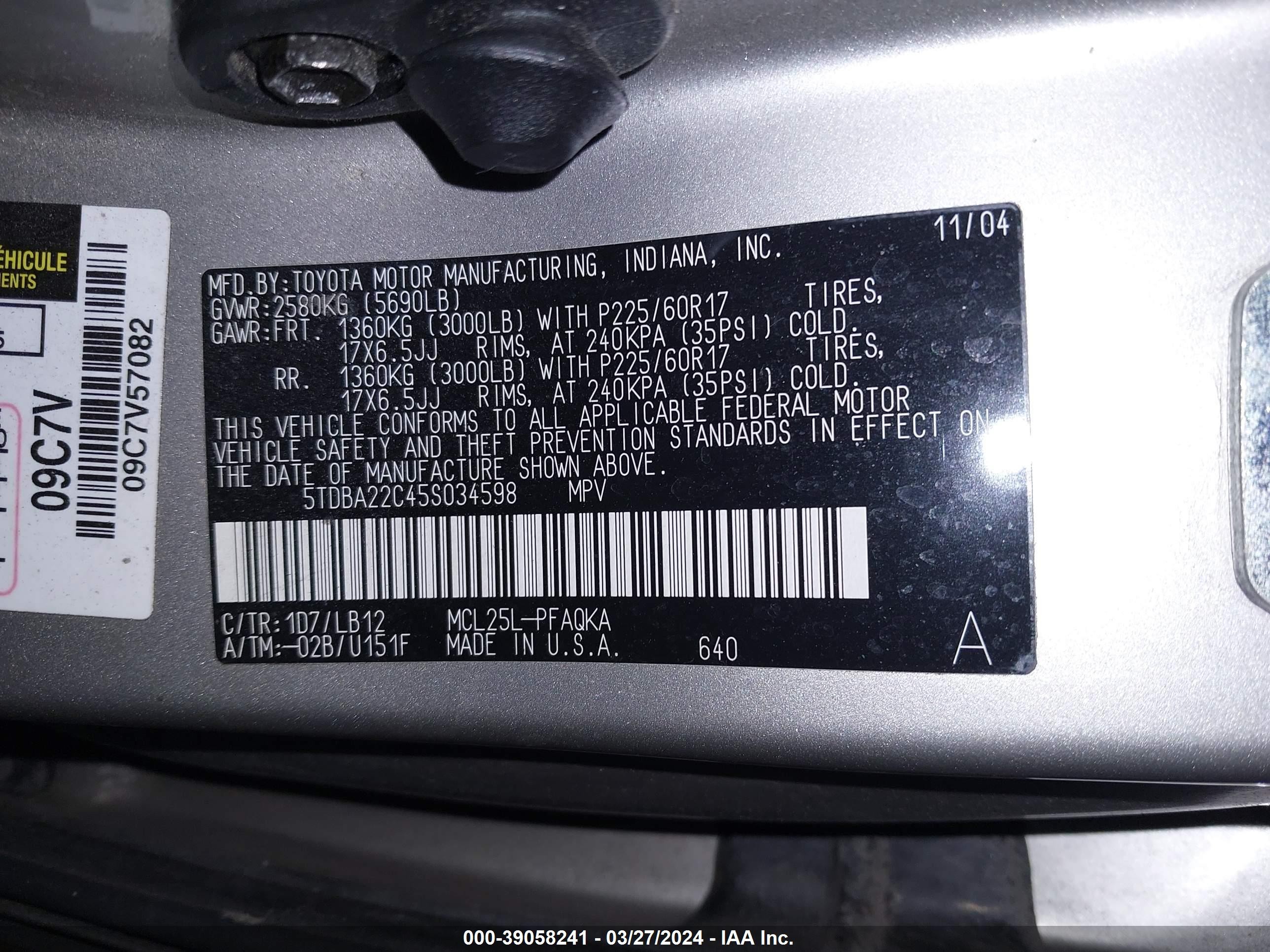 Photo 16 VIN: 5TDBA22C45S034598 - TOYOTA SIENNA 