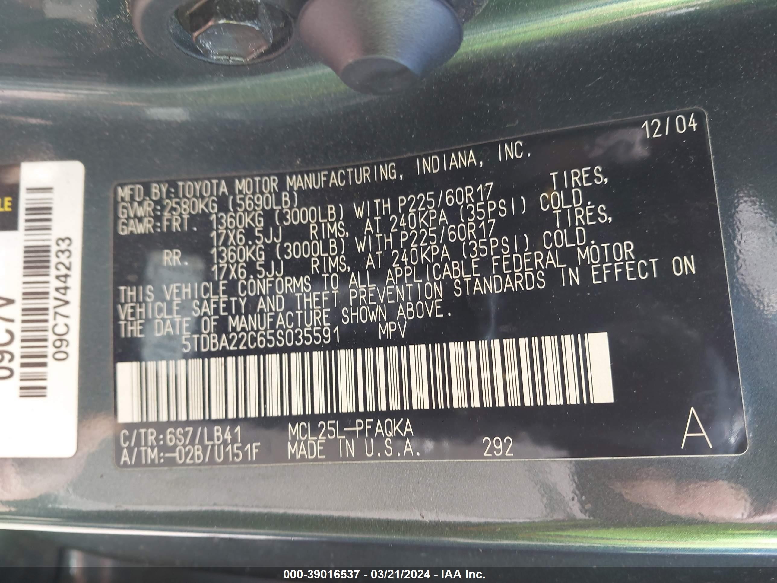 Photo 8 VIN: 5TDBA22C65S035591 - TOYOTA SIENNA 