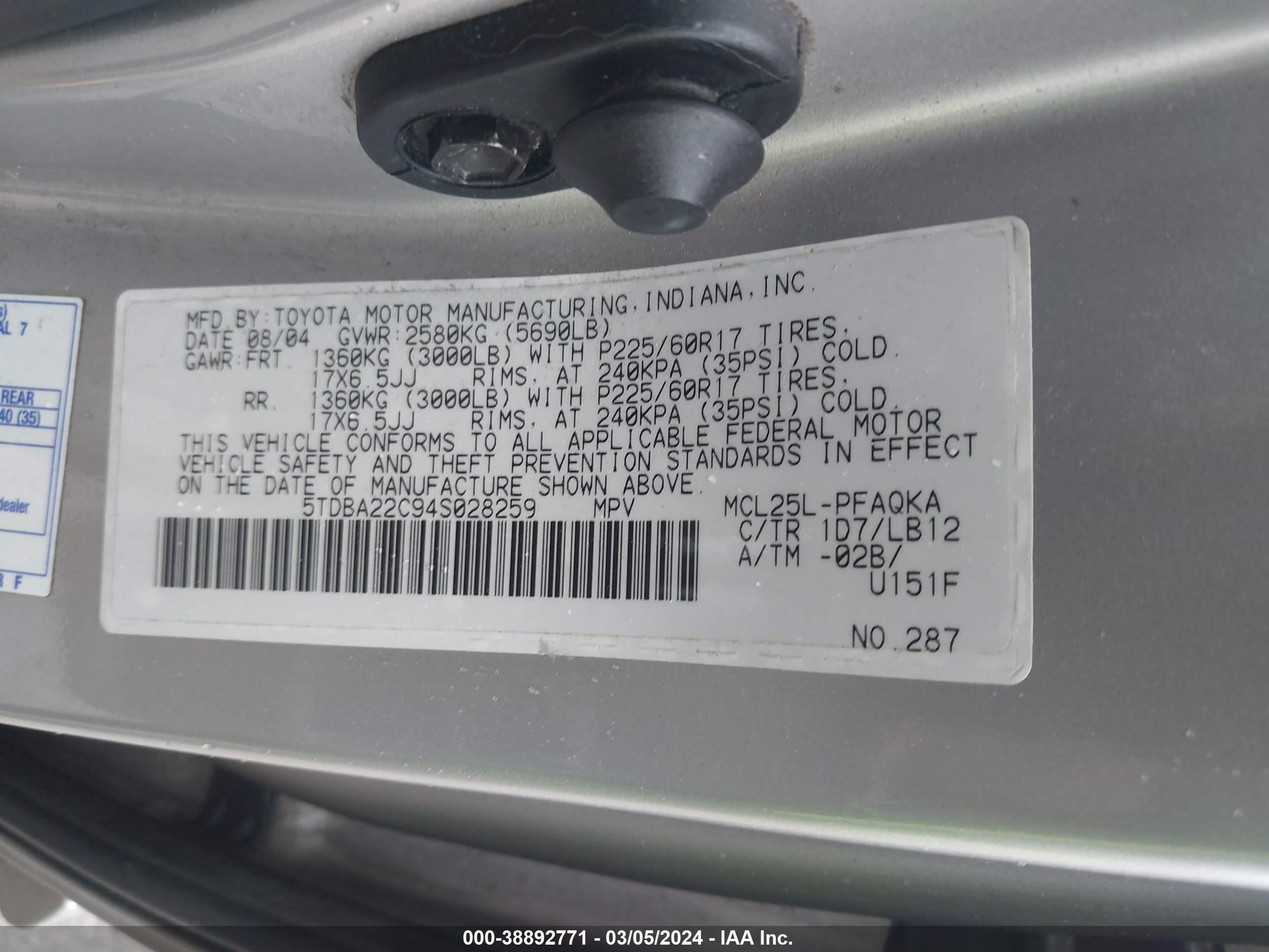 Photo 8 VIN: 5TDBA22C94S028259 - TOYOTA SIENNA 