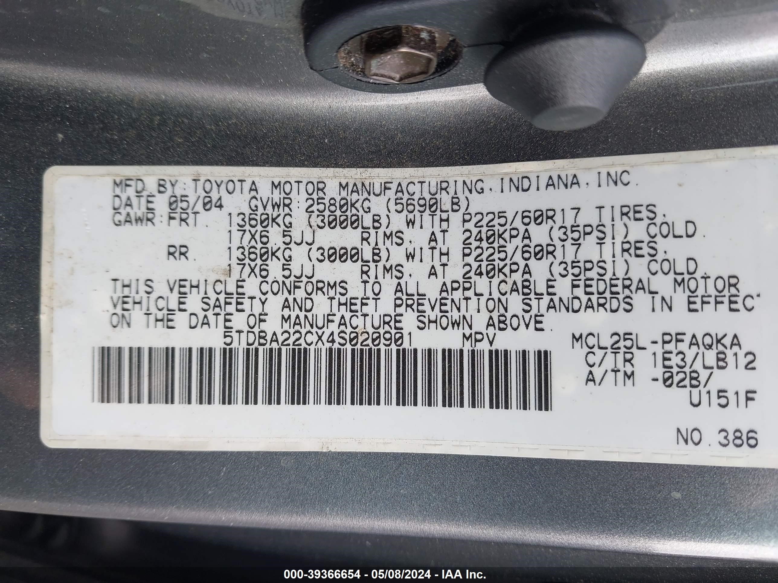 Photo 8 VIN: 5TDBA22CX4S020901 - TOYOTA SIENNA 