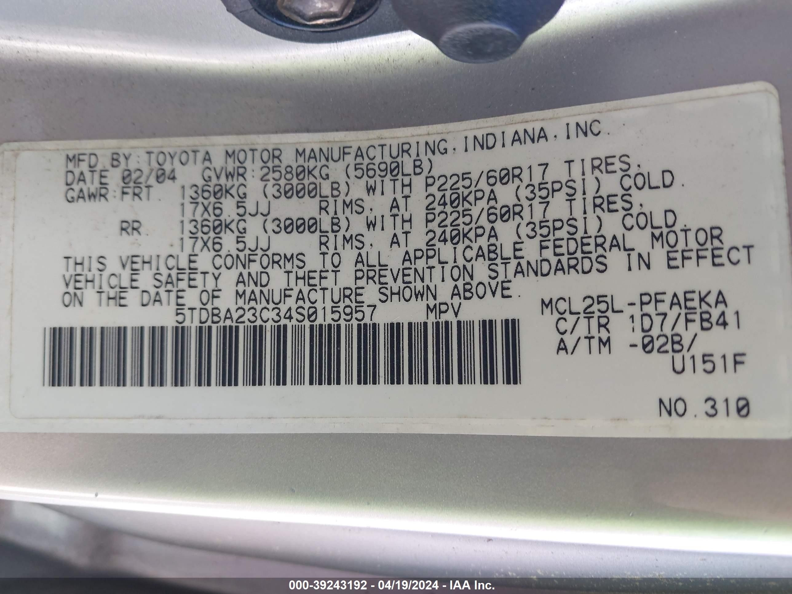 Photo 8 VIN: 5TDBA23C34S015957 - TOYOTA SIENNA 