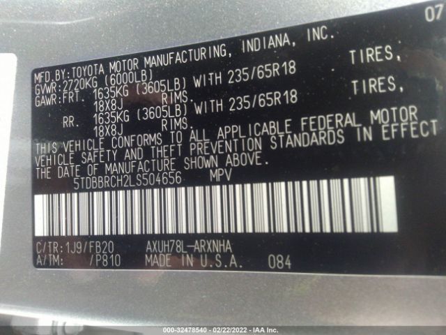 Photo 8 VIN: 5TDBBRCH2LS504656 - TOYOTA HIGHLANDER 