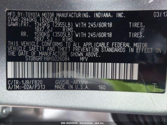 Photo 8 VIN: 5TDBGRFH8HS026084 - TOYOTA HIGHLANDER HYBRID 