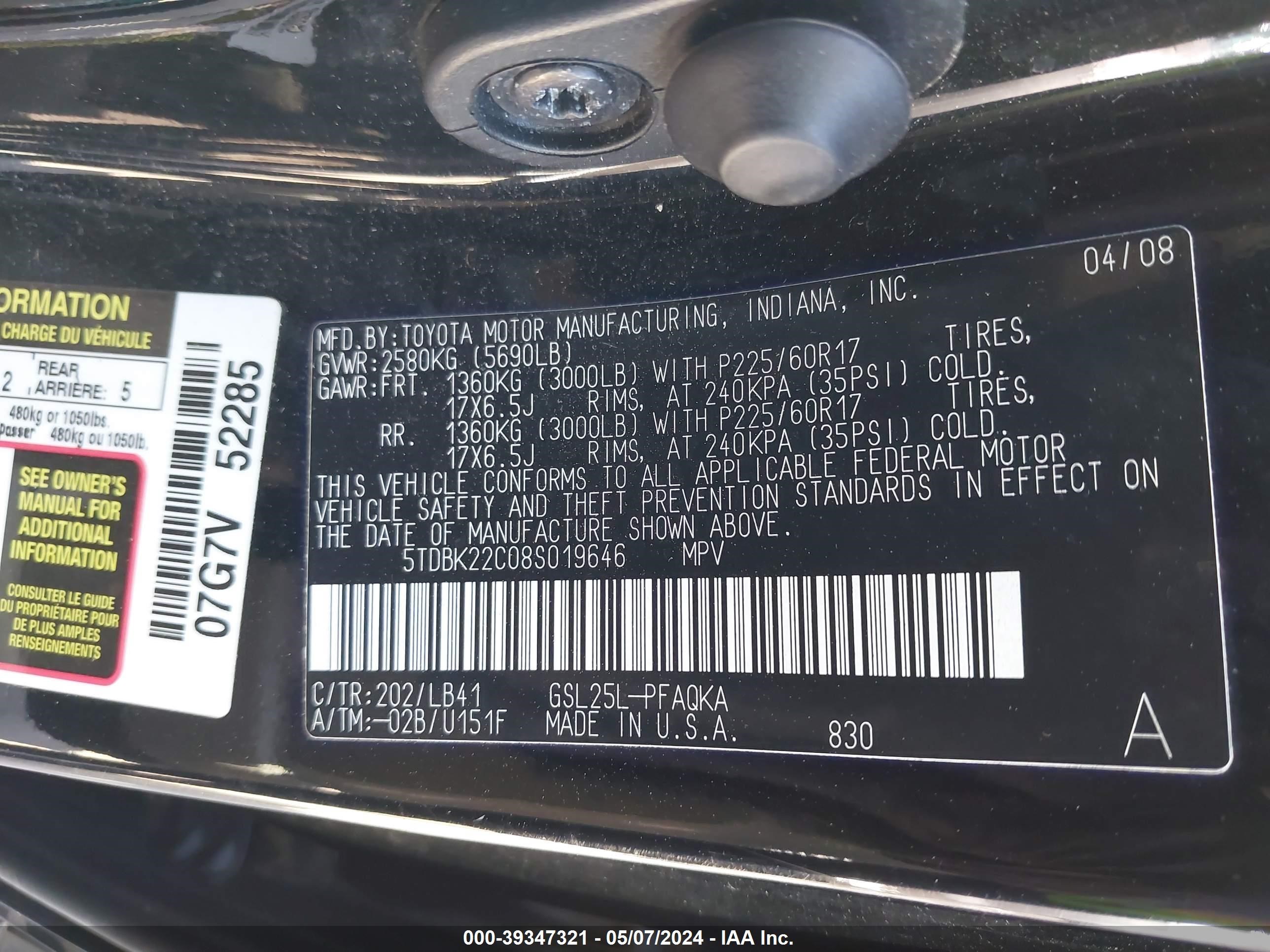 Photo 8 VIN: 5TDBK22C08S019646 - TOYOTA SIENNA 