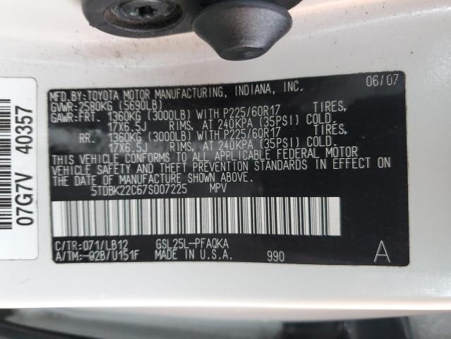 Photo 12 VIN: 5TDBK22C67S007225 - TOYOTA SIENNA XLE 